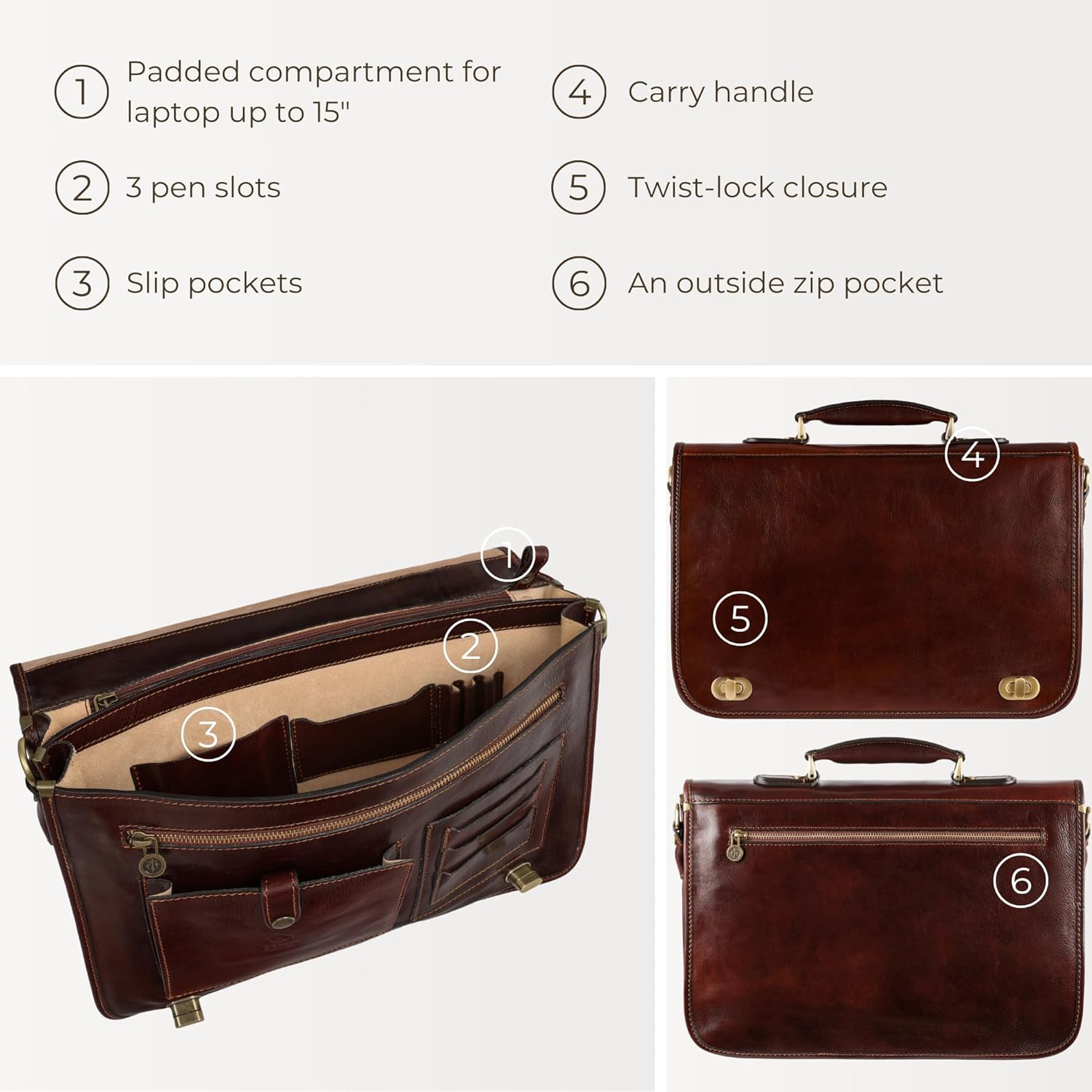 Thumbnail 5 de Time Resistance Hand Crafted Leather Messenger Bag – 15 Inch Laptop Briefcase