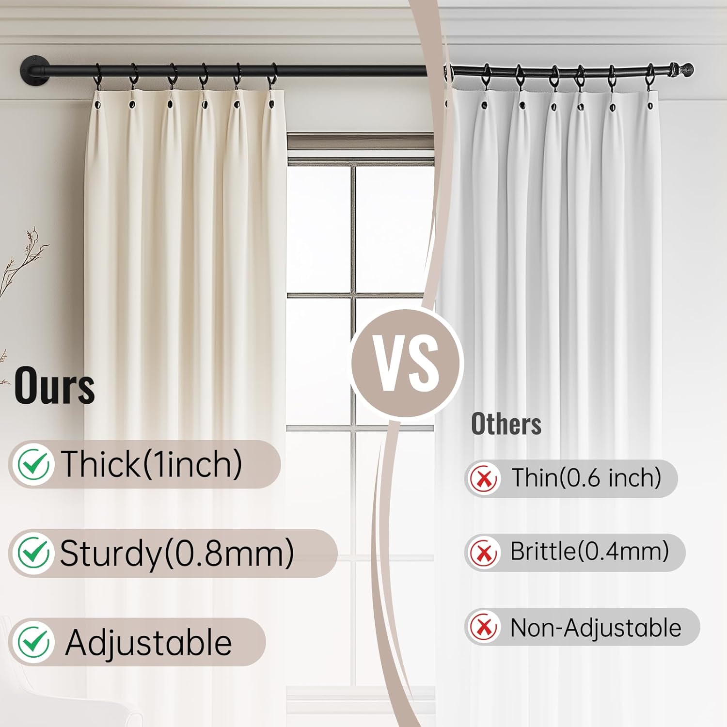 Thumbnail 4 de DEFYNEE 25mm Adjustable Industrial Curtain Pole for Eyelet Curtains (80–305cm) – Black metal