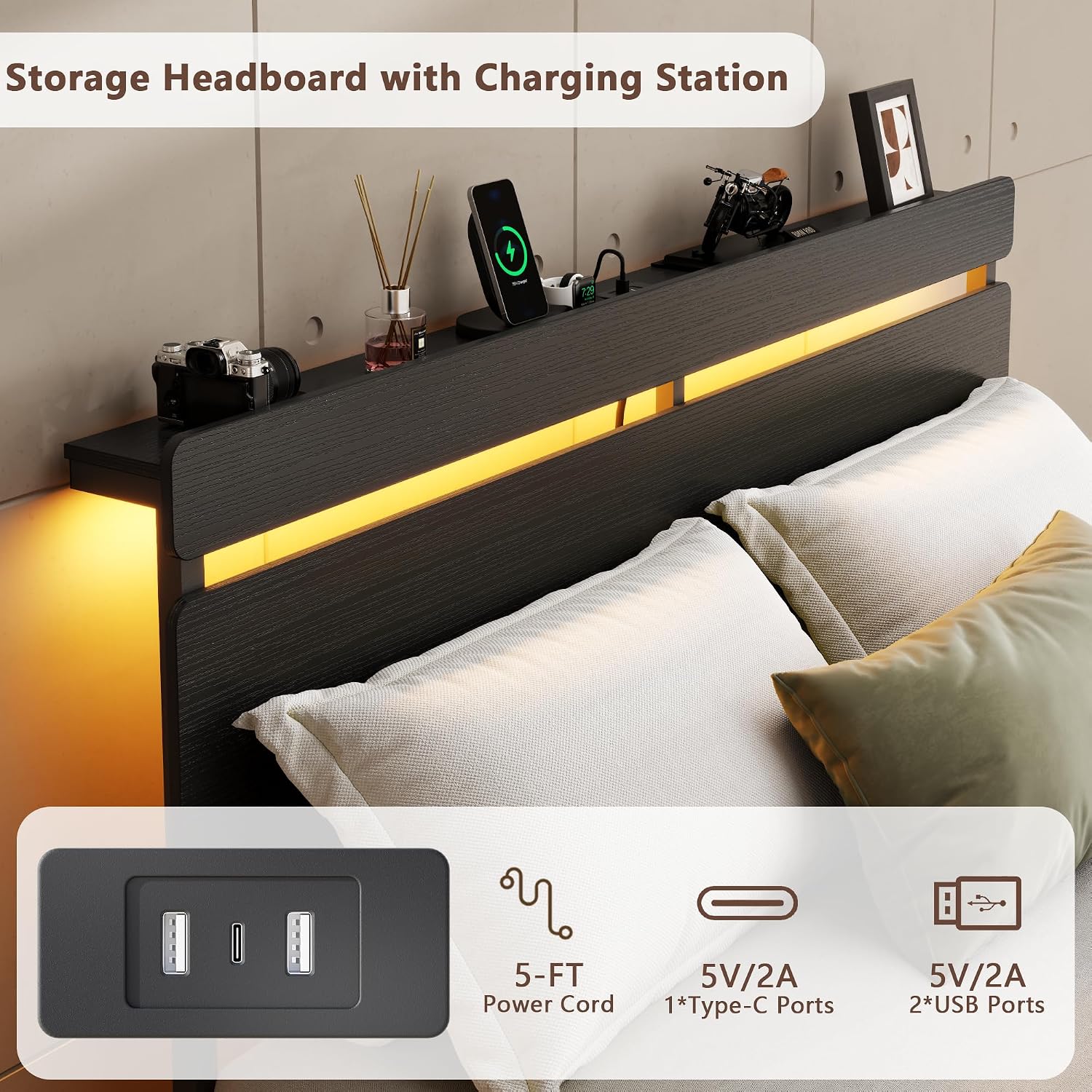 Thumbnail 5 de Forestell HK-BF-028-CLD-Q-1-B Queen Platform Bed with RGB Lights and Drawers