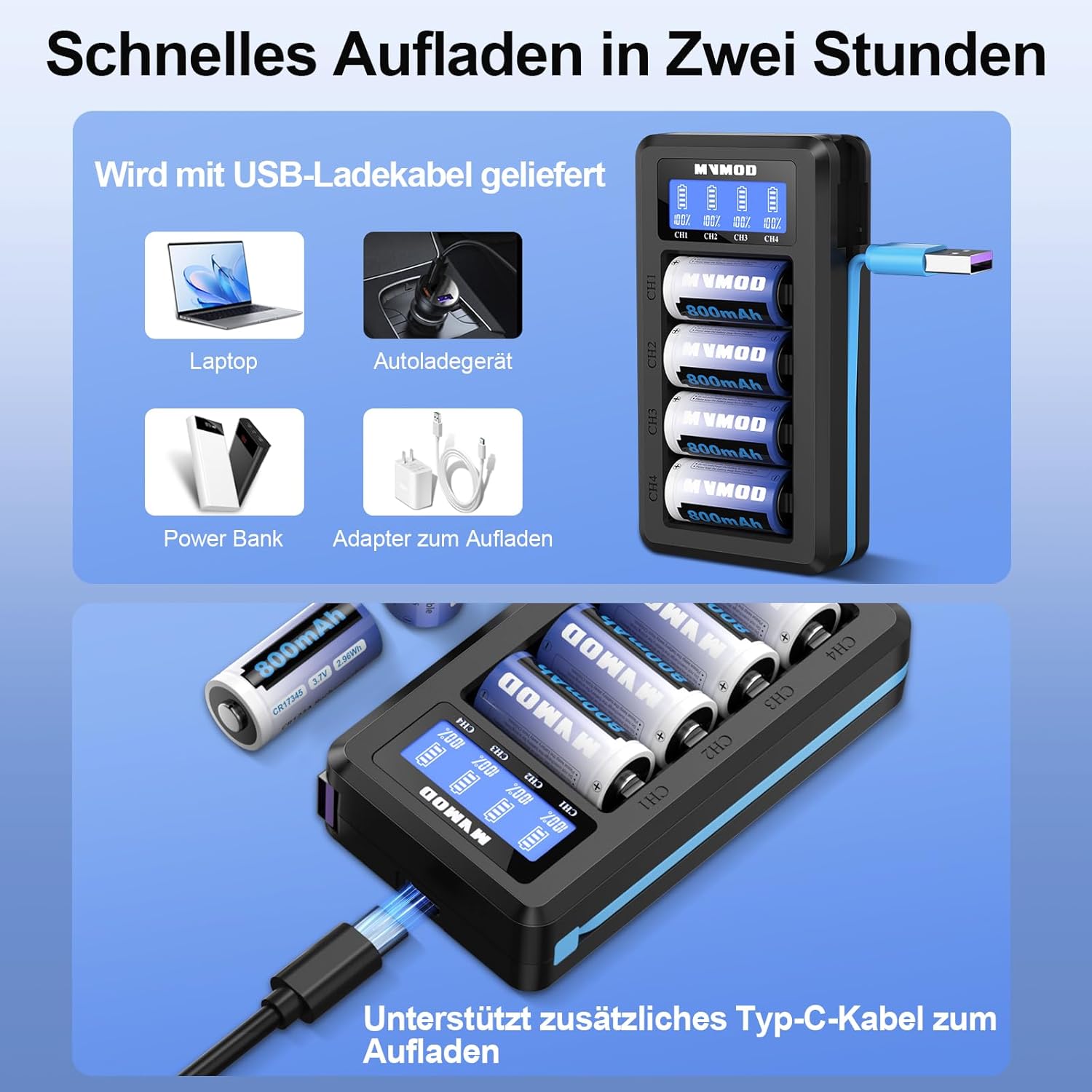 Thumbnail 5 de MVMOD CR123A wiederaufladbare Batterien 8er-Set (3,7V) mit Ladegerät für Arlo & Geräte