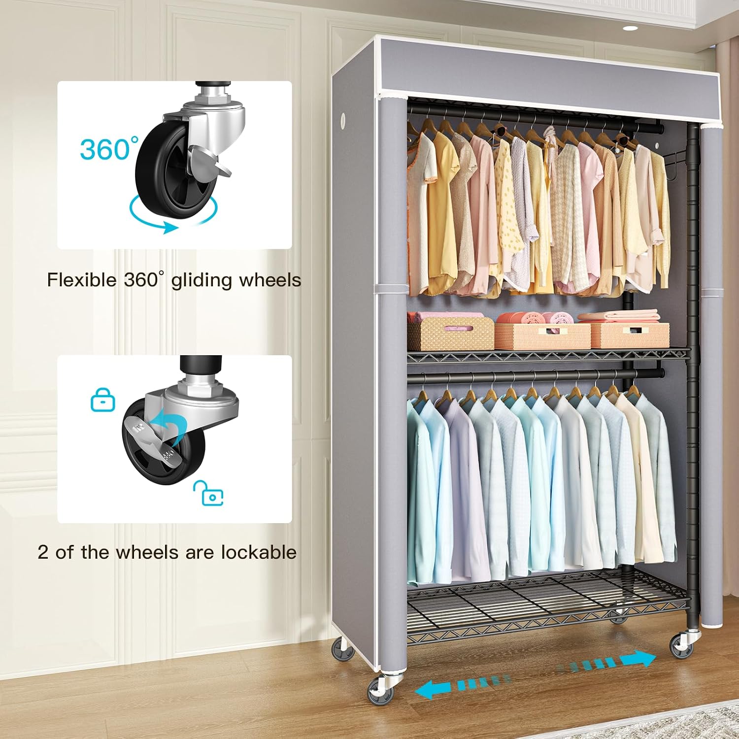 Detalle 2 de FUTASSI P1C Covered Clothing Rack with Gray Cover, Shelves and Wheels