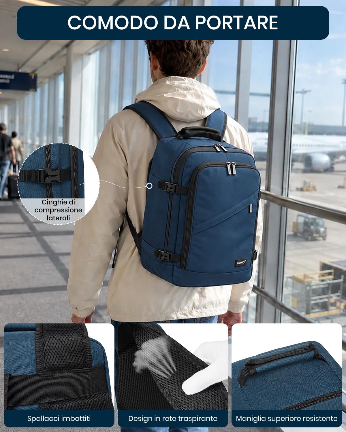 Detalle de KONO Zaino Ryanair 40x20x25 cm – Zaino da viaggio e bagaglio a mano per aerei, apertura 180°
