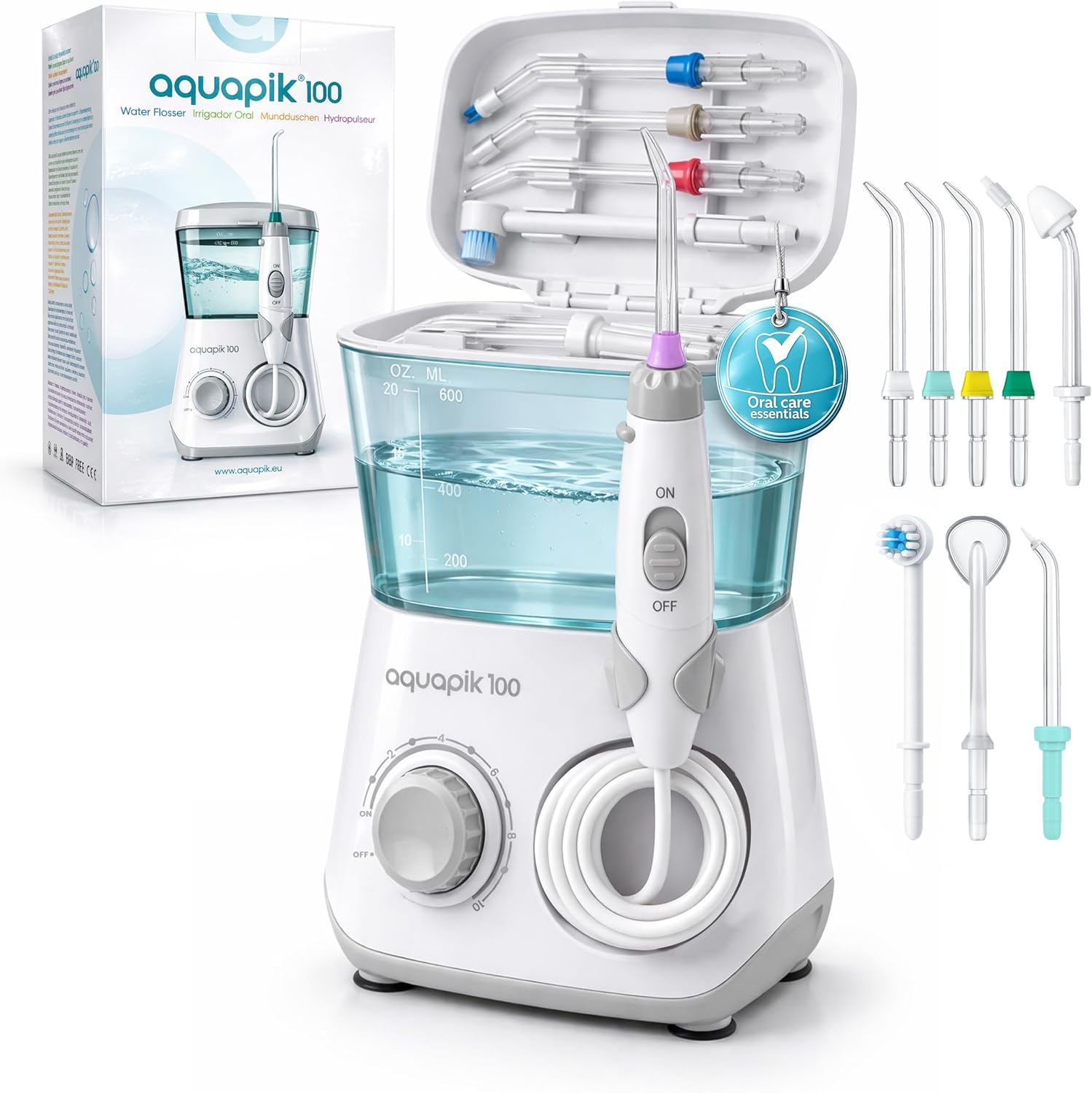 Detalle de Aquapik Hydropulseur – Water Flosser avec 8 embouts et 10 niveaux de pression