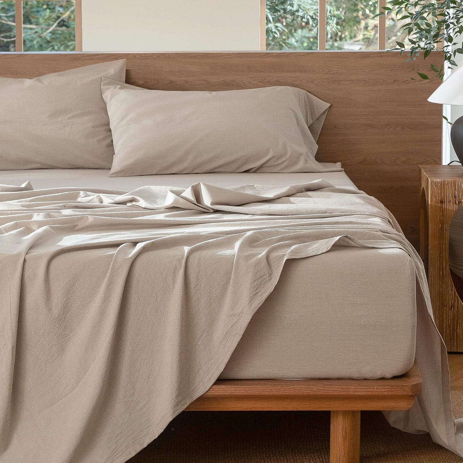 Thumbnail 4 de MooMee Bedding Sheet Set (Washed Cotton, Heathered Tannish Linen Grey, Queen)