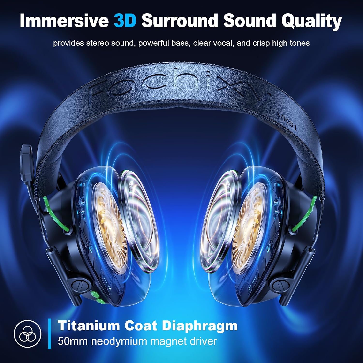 Detalle de Fachixy VK81 Wireless Gaming Headset with 2.4GHz, Bluetooth 5.4 and 60-Hour Battery