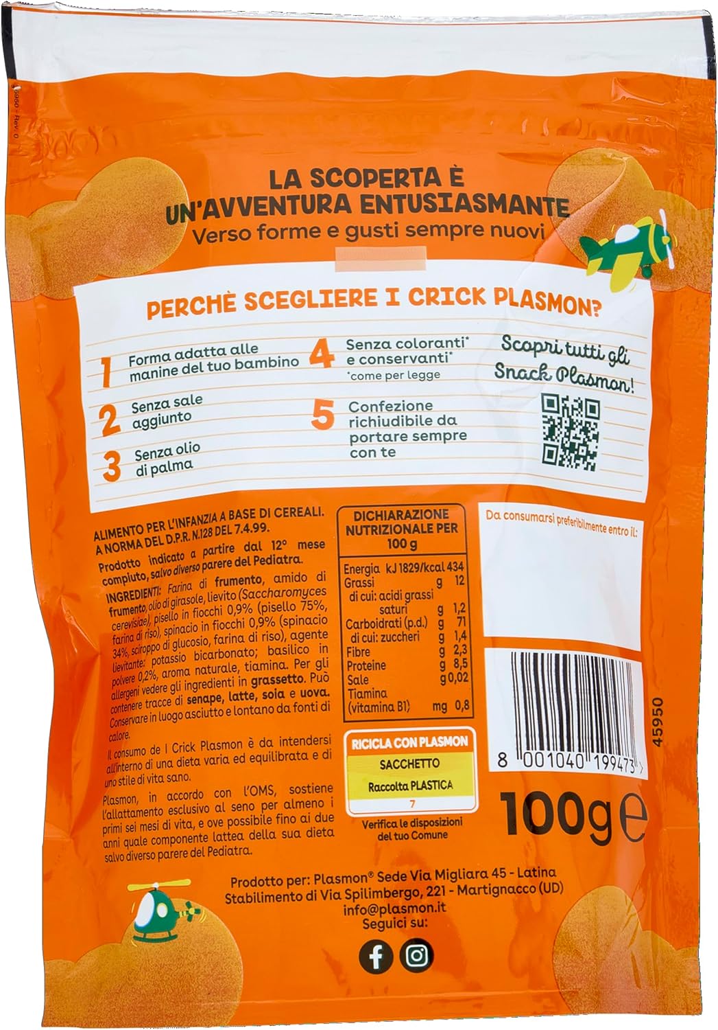 Thumbnail 1 de Plasmon Crick Piselli Spinaci Basilico 6x100 g: snack al forno per bebè, pratico e senza sale aggiunto