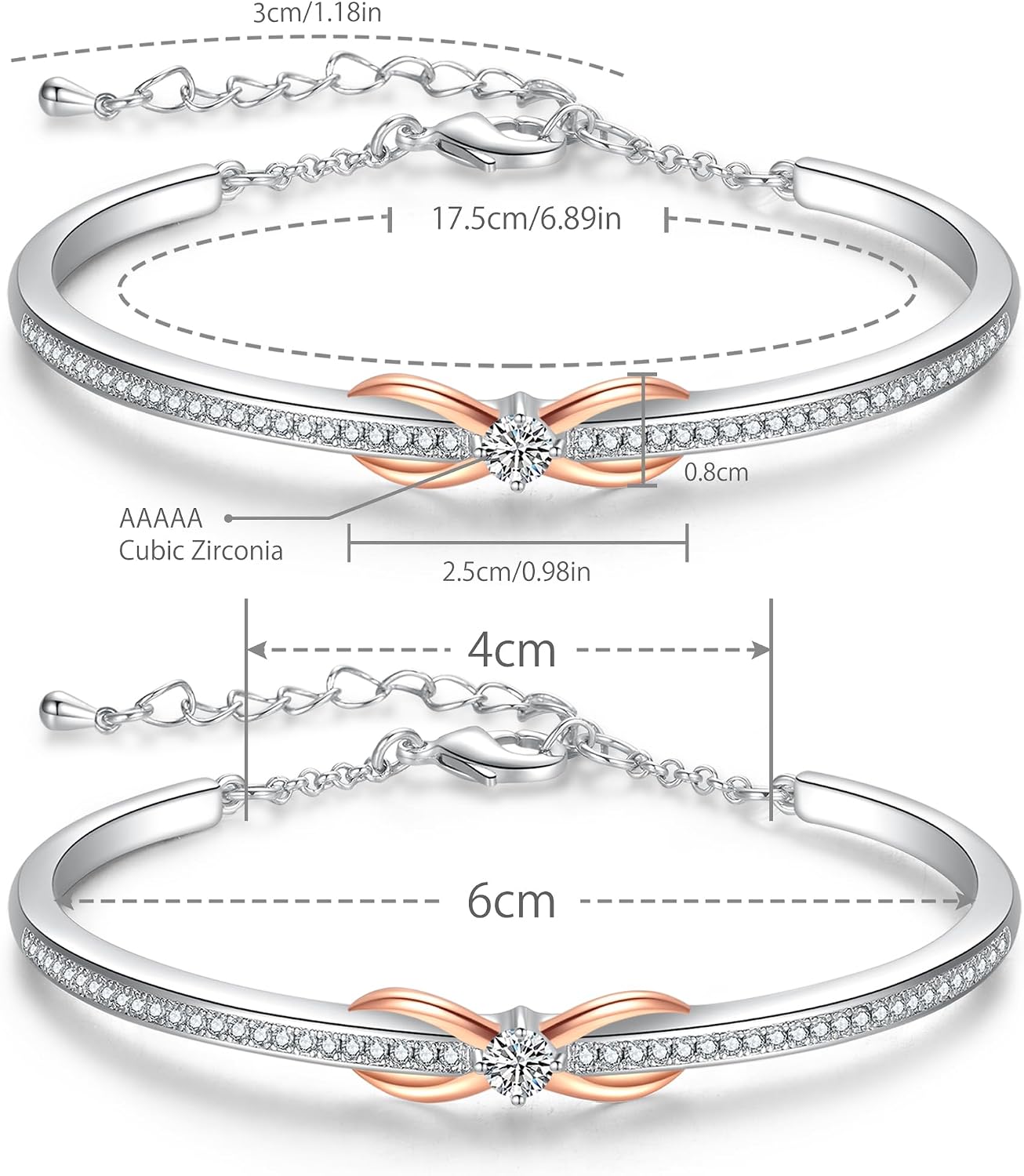 Detalle de Praelinos Bracelet Femme Infini – Plaqué or blanc 18K et or rose, réglable