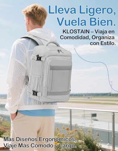 Detalle 2 de KLOSTAIN Mochila de cabina para avión 40x20x25 cm y 20L (gris claro) para portátil