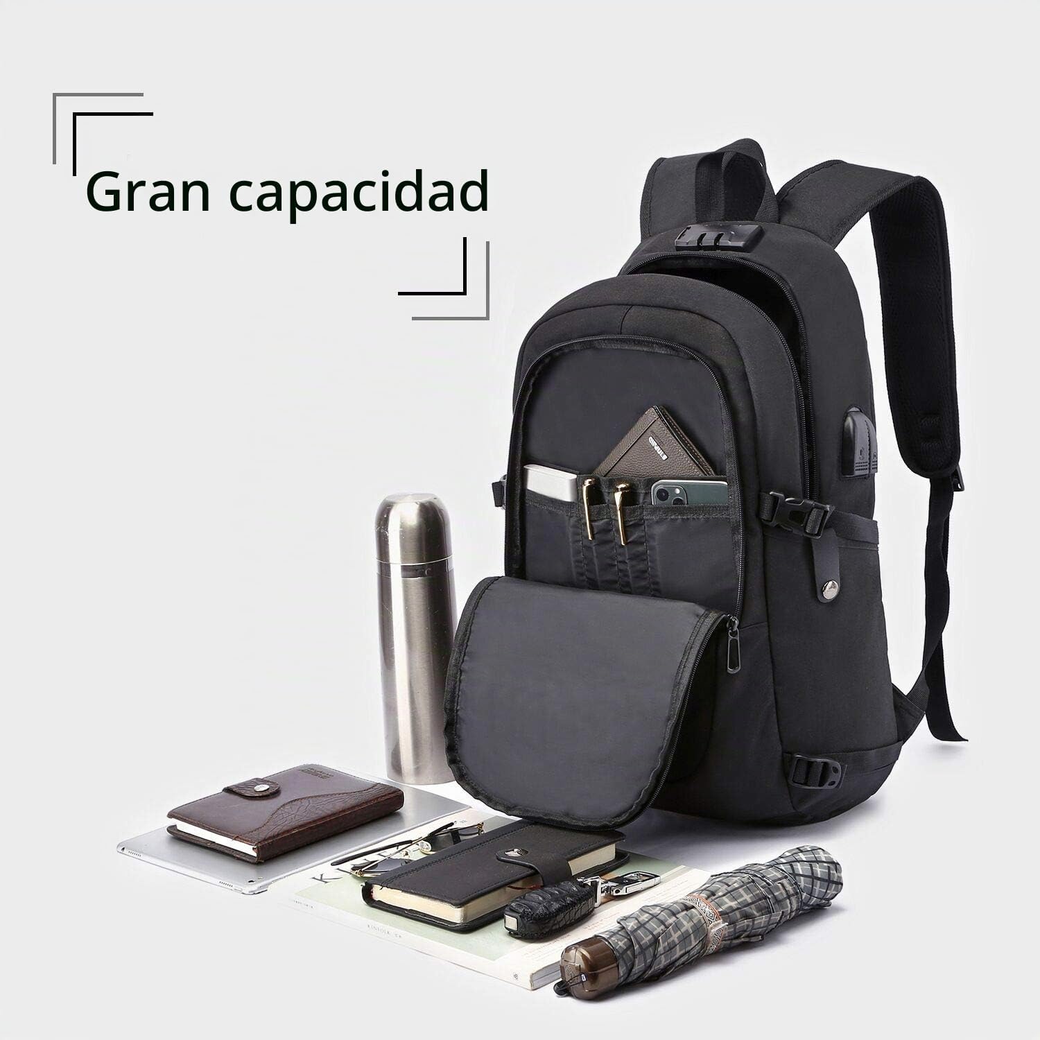 Thumbnail 2 de WENIG Mochila antirrobo impermeable para portátil de 15,6" con puerto USB y cierre con candado (negra)