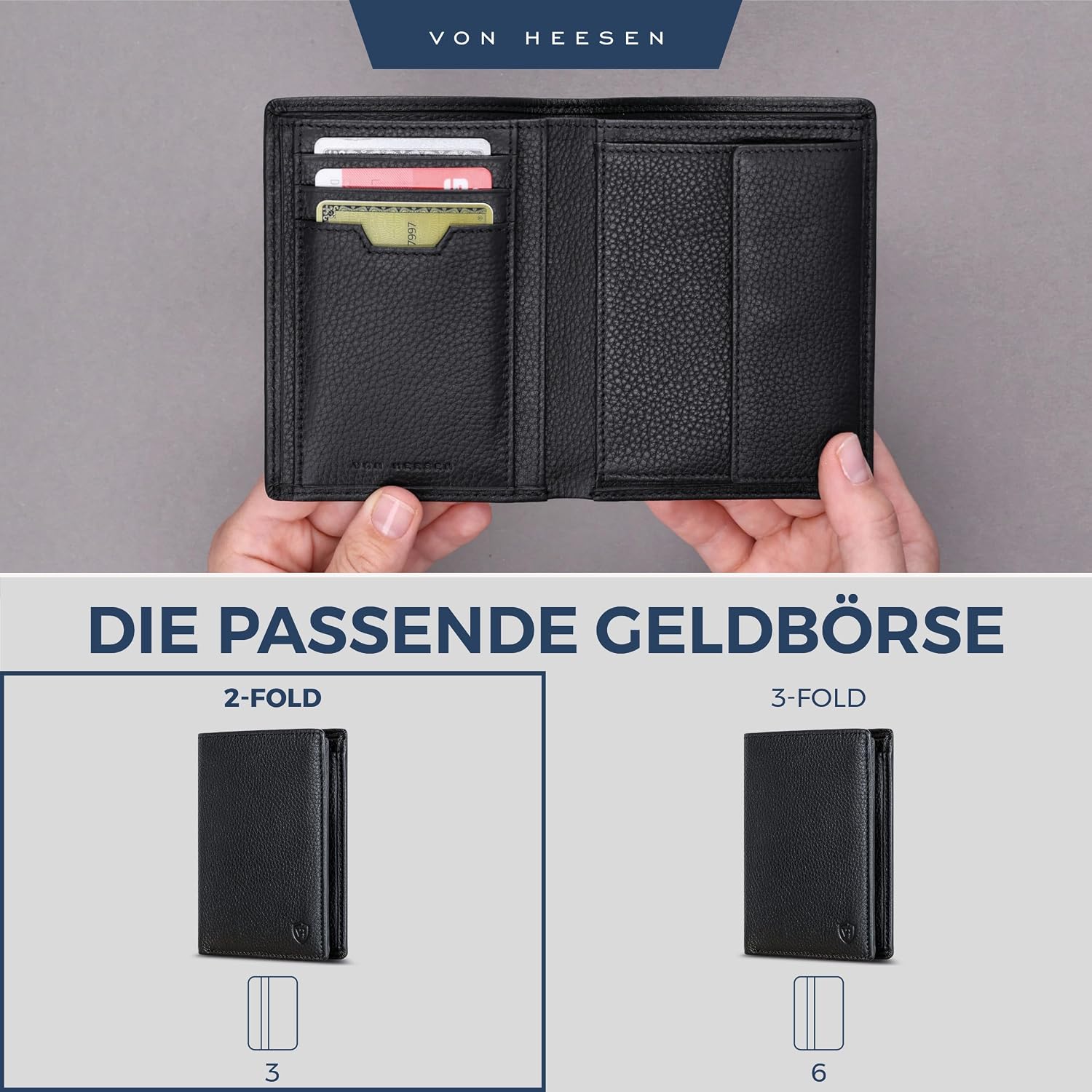Detalle 2 de VON HEESEN Leder-Geldbörse mit RFID-Schutz (Schwarz) – Portemonnaie für Damen & Herren