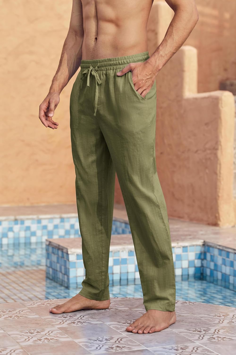Detalle de Runcati Men’s Linen Trousers: Lightweight, Loose-Fit, Drawstring Beachwear