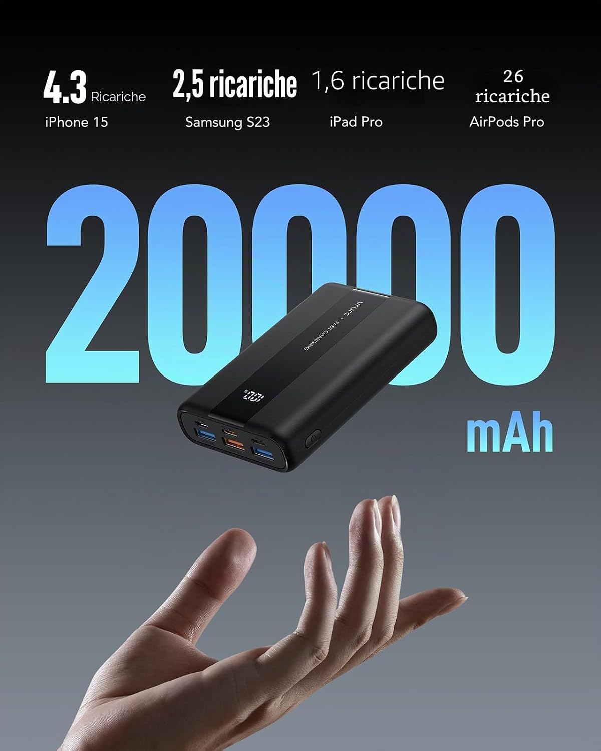 Detalle 2 de VRURC Power Bank 20000mAh ricarica rapida 22,5W