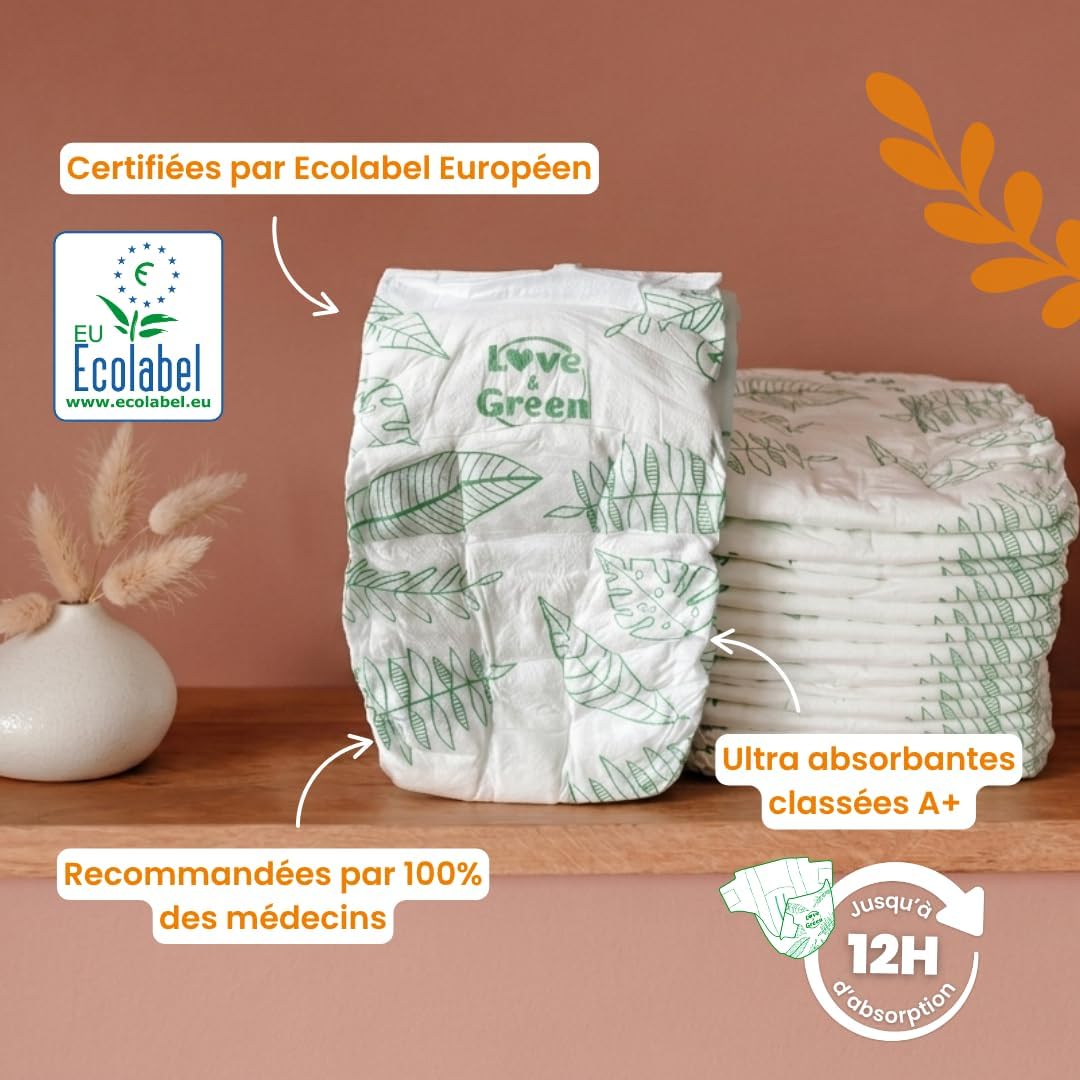 Detalle de Love & Green Couches Bébé Saines et Écologiques – Taille 3 (4-9 kg) – Pack 1 Mois (208 couches)