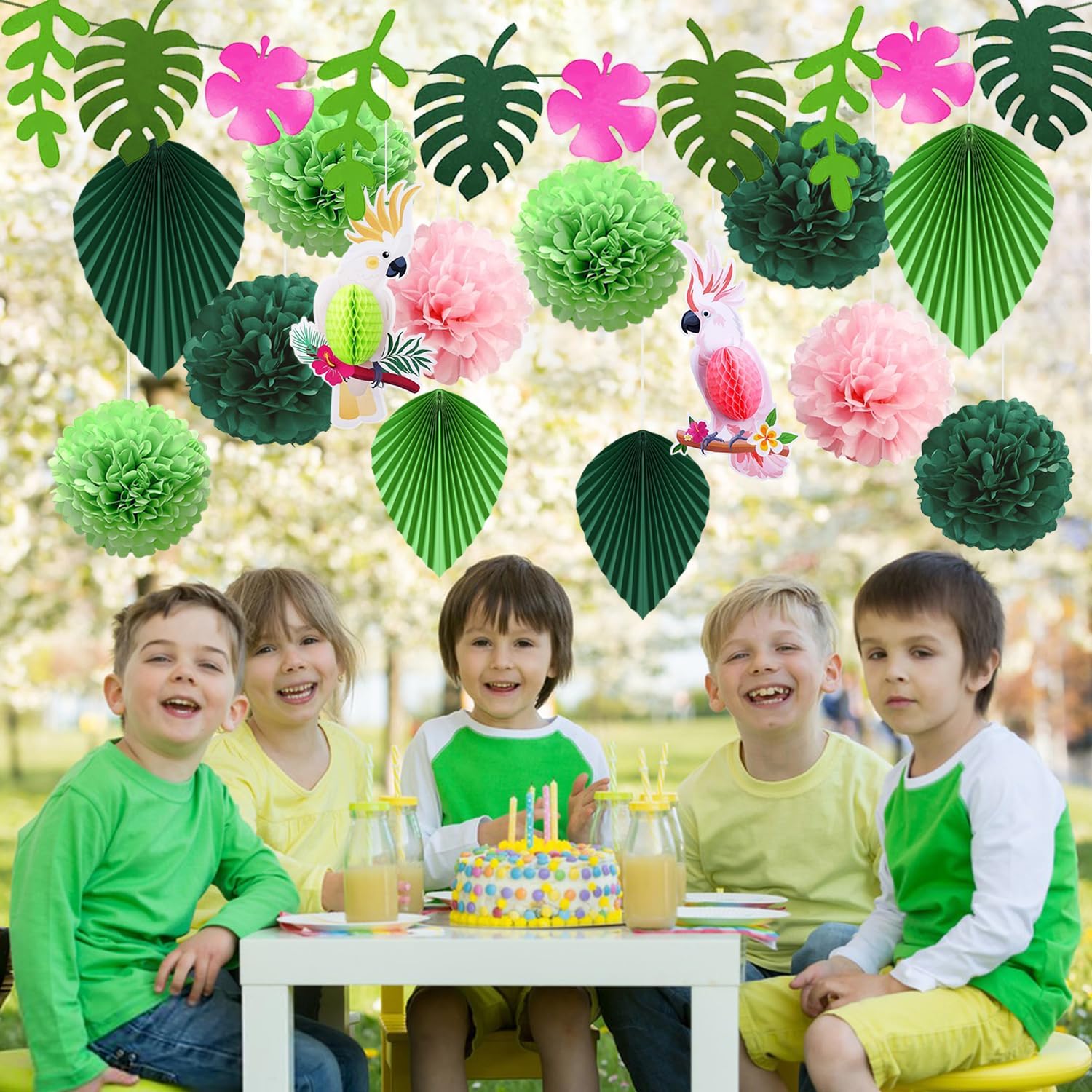 Thumbnail 3 de YBwanli Party Deko „Waldmärchenparty“ – 15-teiliges Gartenparty- & Geburtstagsdeko-Set mit Pompoms, Blättern und Papagei