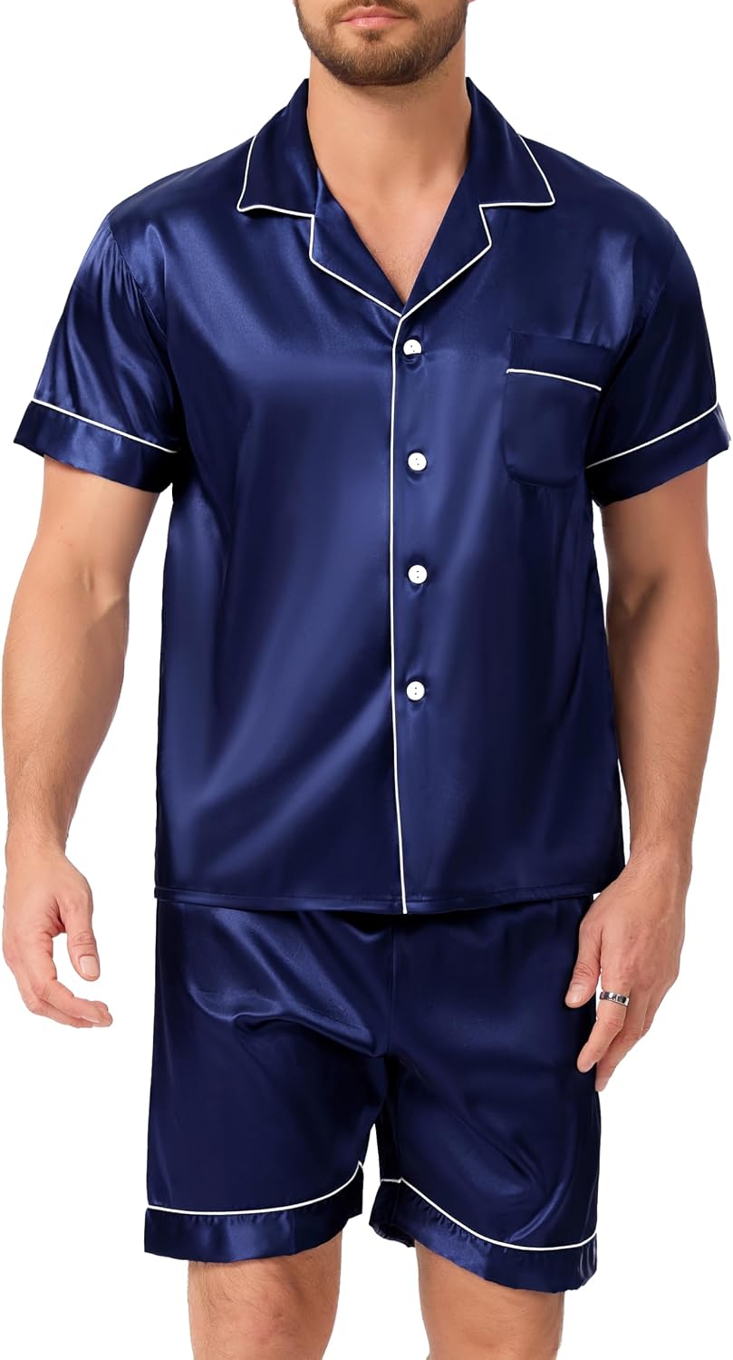 Thumbnail 5 de Lovasy Mens Pyjamas Set 2 Piece Silk Satin PJS — Short Sleeve Button-Down