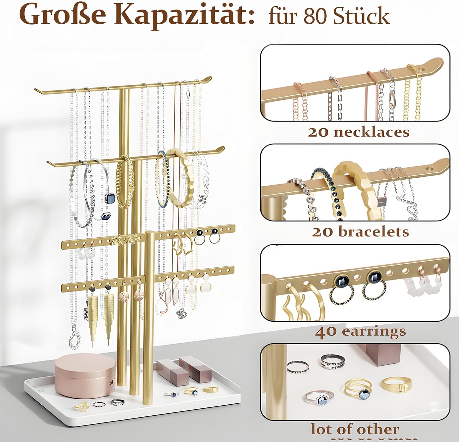 Thumbnail 1 de Schmuck Organizer 32cm Groß — 4 Ebenen, stabiler Schmuckaufbewahrungsschrank von pickpiff (Gold/Weiß)