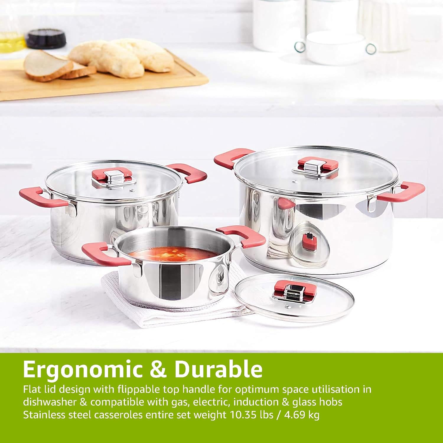 Detalle de Amazon Basics 3-Piece Stainless Steel Space Saving Induction Cookware Set (16/20/24 cm)