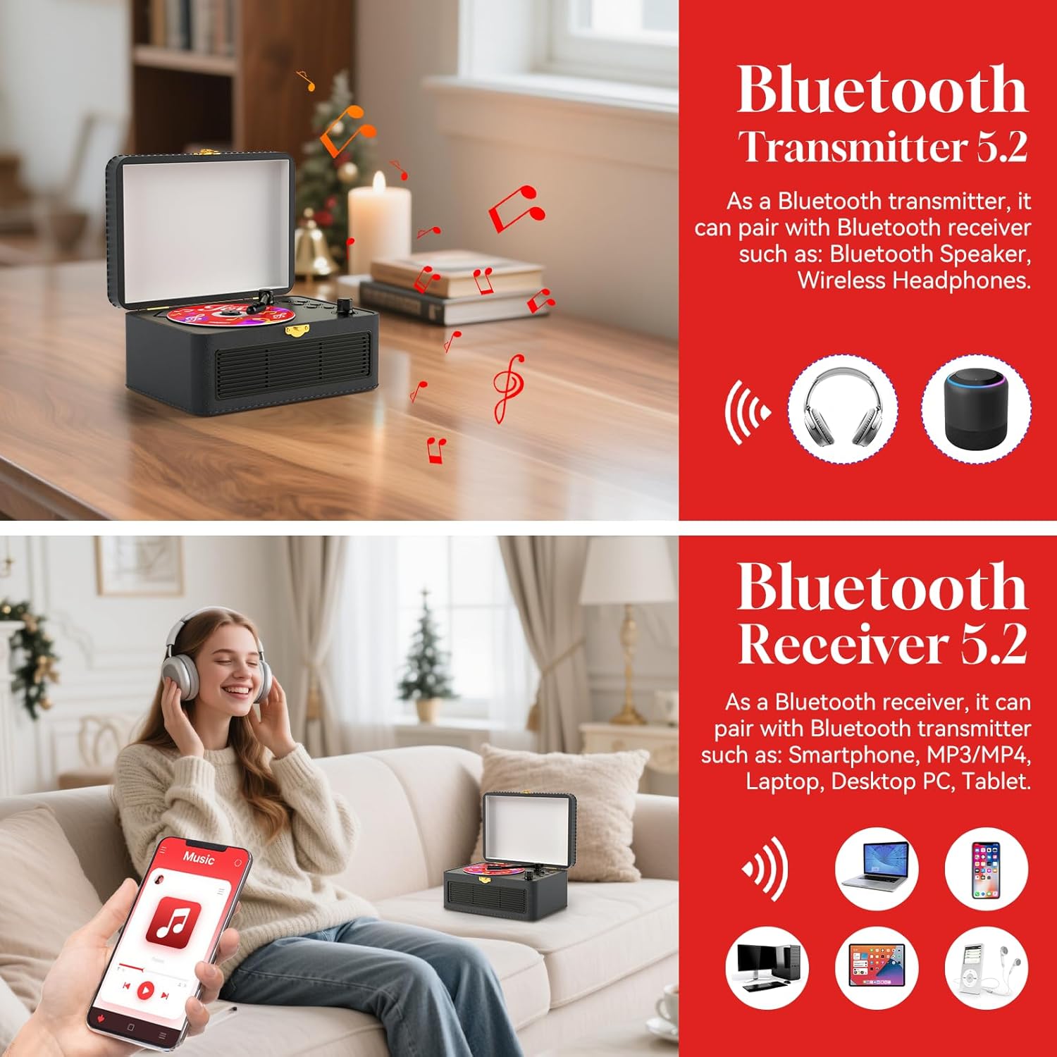Thumbnail 3 de Gueray Lecteur CD Cuir Portable: lecteur CD vintage avec Bluetooth 5.2 et haut-parleurs 3600 mAh