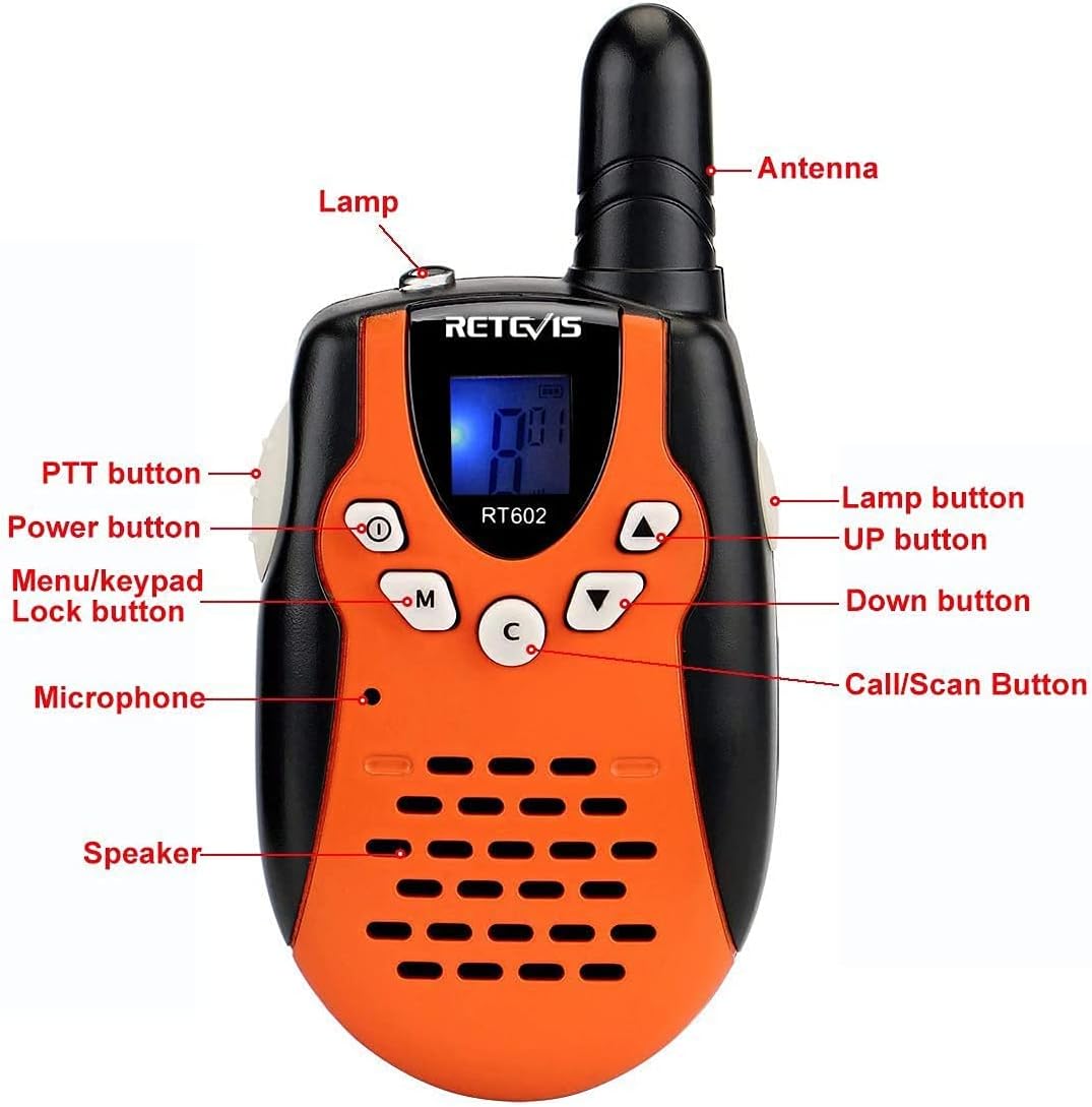 Detalle de Retevis RT602: Walkie Talkie per bambini ricaricabile con torcia, VOX e 8 canali (2 pezzi, arancione)
