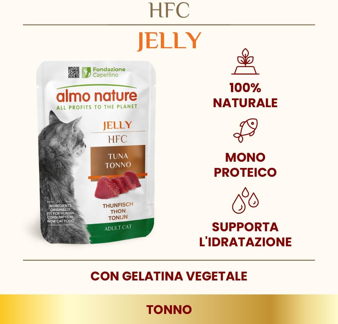 Detalle 2 de Almo Nature HFC Jelly Tonno - Cibo umido monoproteico per gatti adulti, 55 g (confezione da 24), Human-Grade
