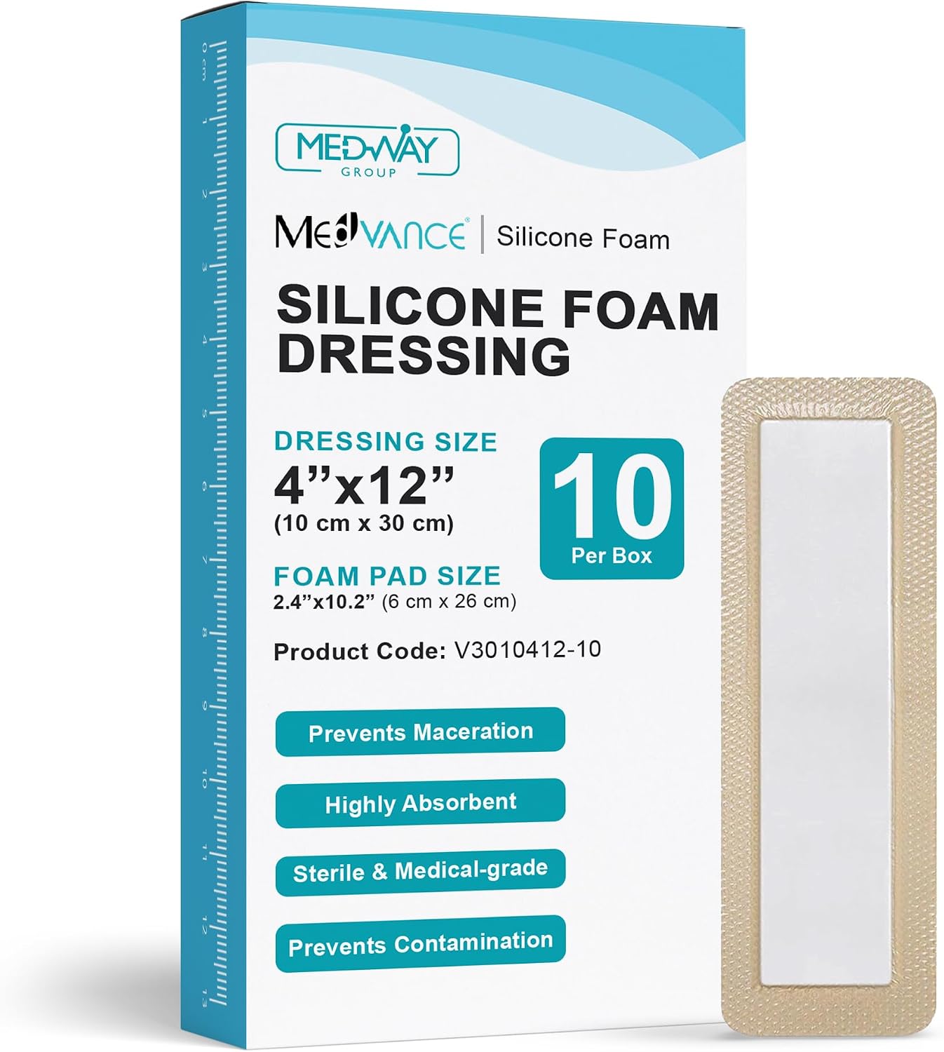 Detalle de MedVance V3010412 Silicone Foam Dressing, 4" x 12", 10-Pack