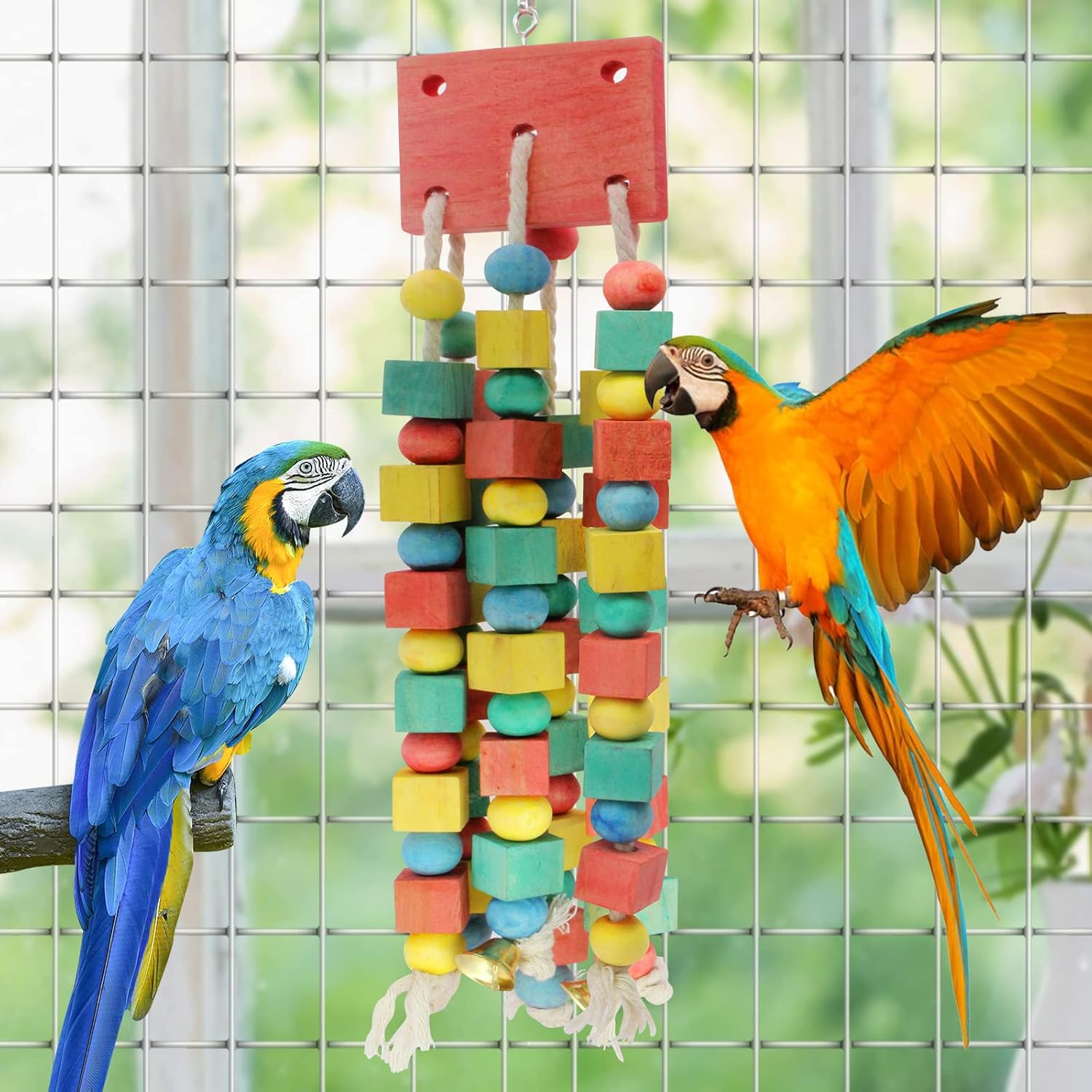 Detalle 2 de MQUPIN Hanging Wooden Block Chewing Parrot Toy – Multicoloured Cage Bite for Parakeet, Budgie, Cockatiel, African Grey