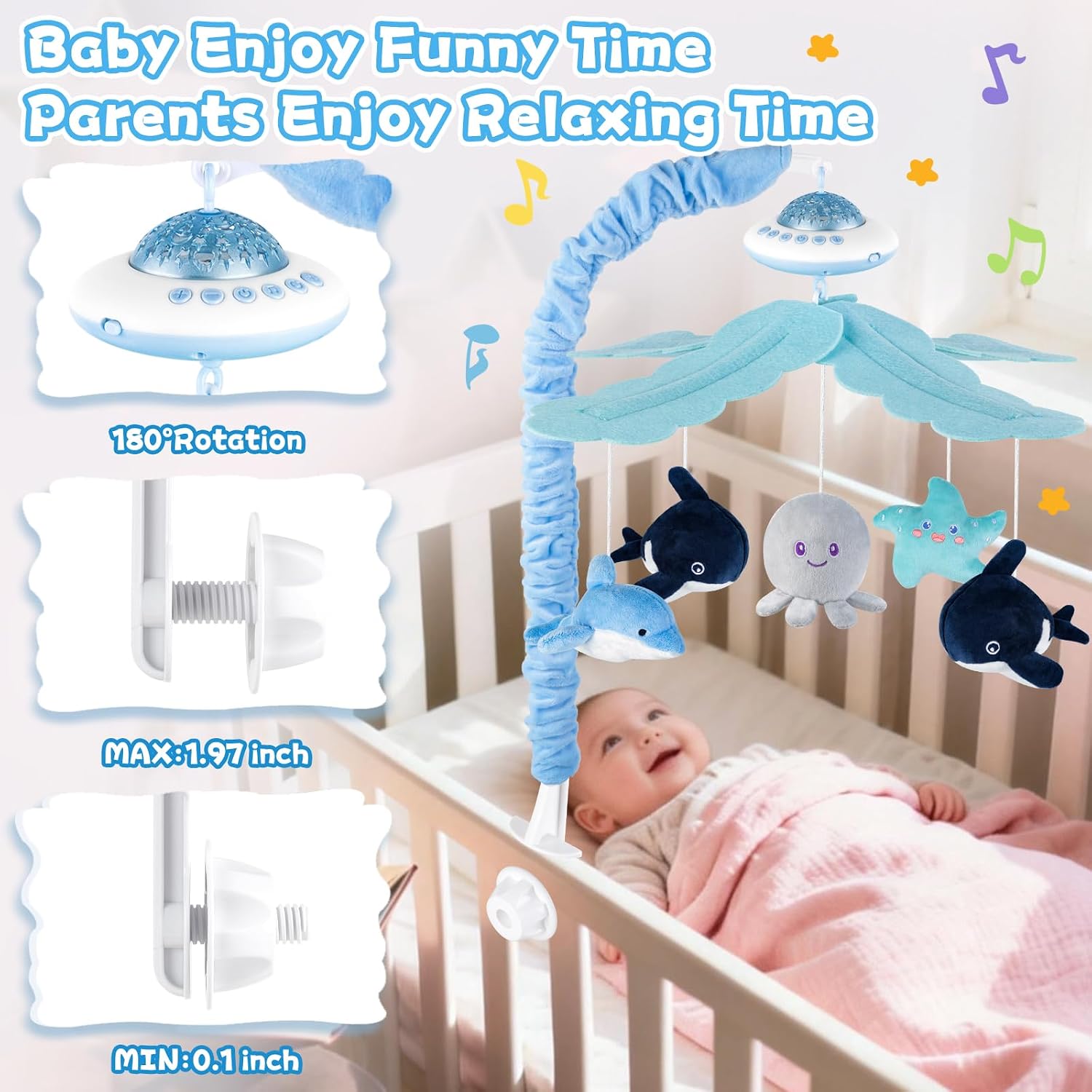 Detalle 1 de Playix Baby Crib Mobile with Music, 360° Rotation & Starlight Projection