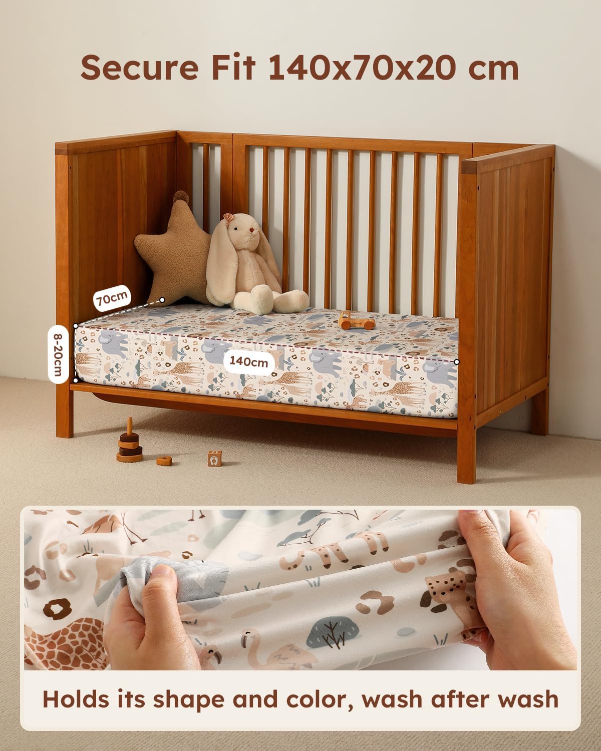 Thumbnail 2 de Unnivoll Cot Bed Sheets 140 x 70 cm – Fitted, 3-Pack, Super Soft & Breathable (Apricot, Green, Gray Elephant)