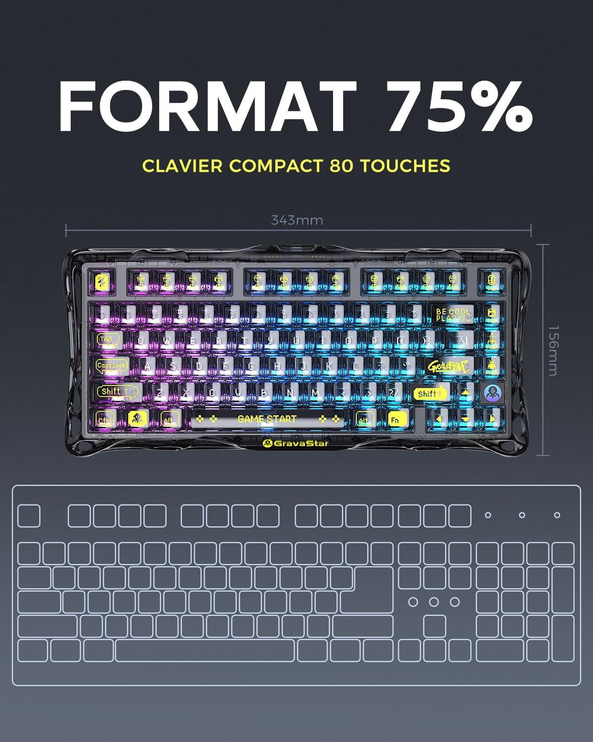 Thumbnail 1 de GravaStar Mercury K1 Lite clavier mécanique 75% RGB rétroéclairé (BT 5.0, 2,4G, Type-C) QWERTY noir transparent