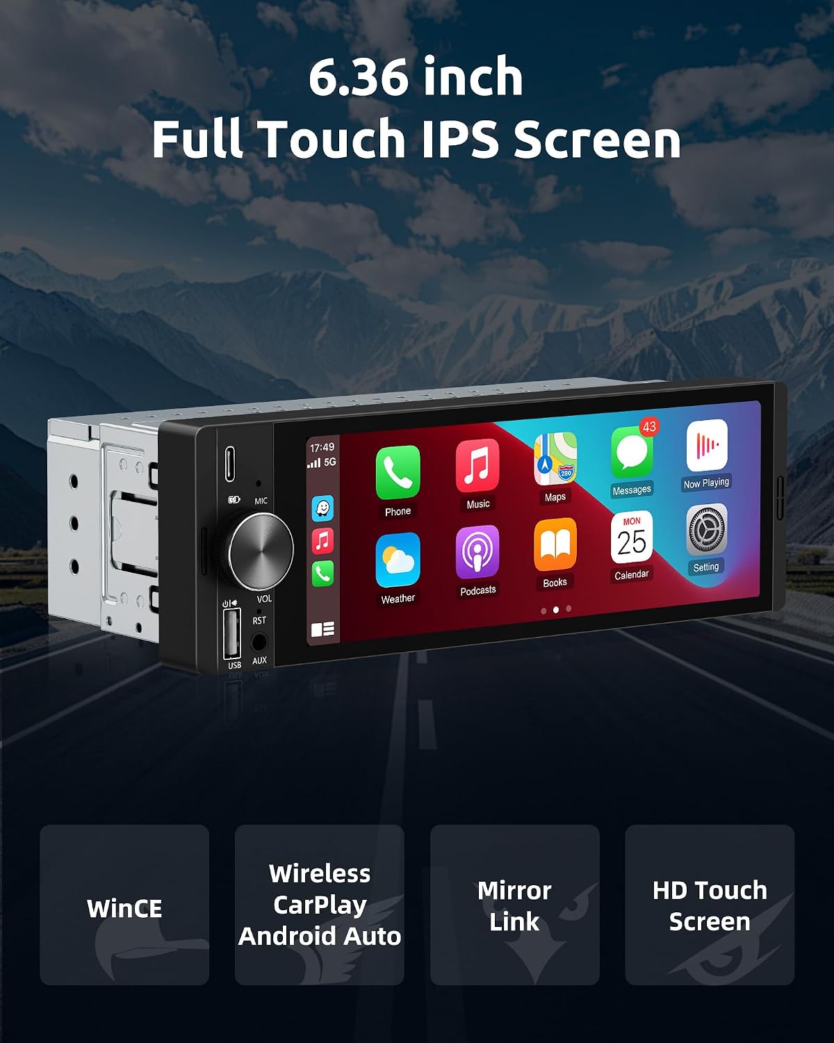 Thumbnail 1 de ESSGOO Single-DIN car stereo with wireless CarPlay/Android Auto, 6.36-inch HD touchscreen and reverse camera input