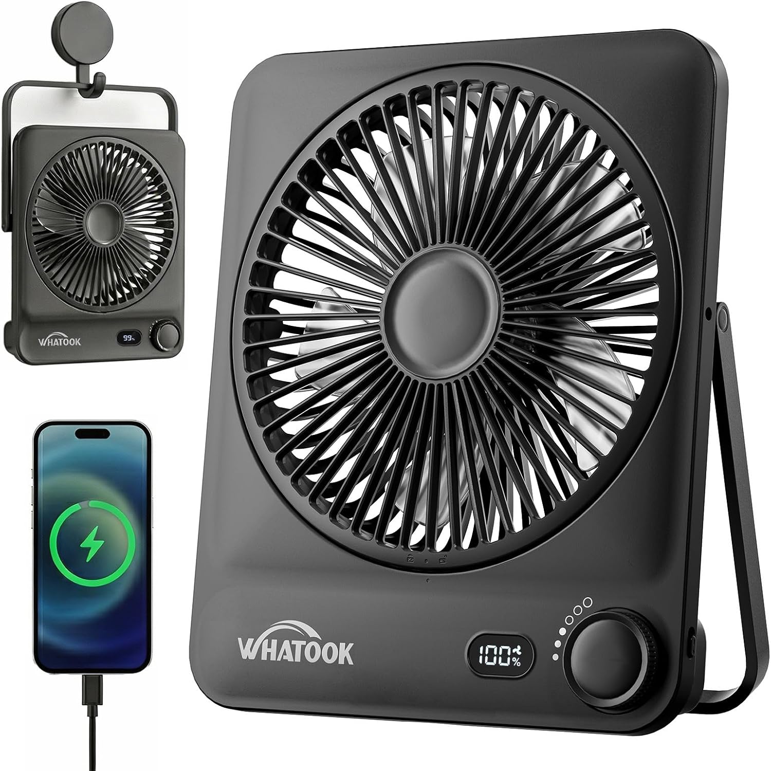 Detalle de WHATOOK CF03 oplaadbare tafelventilator met 10.000 mAh en USB-C