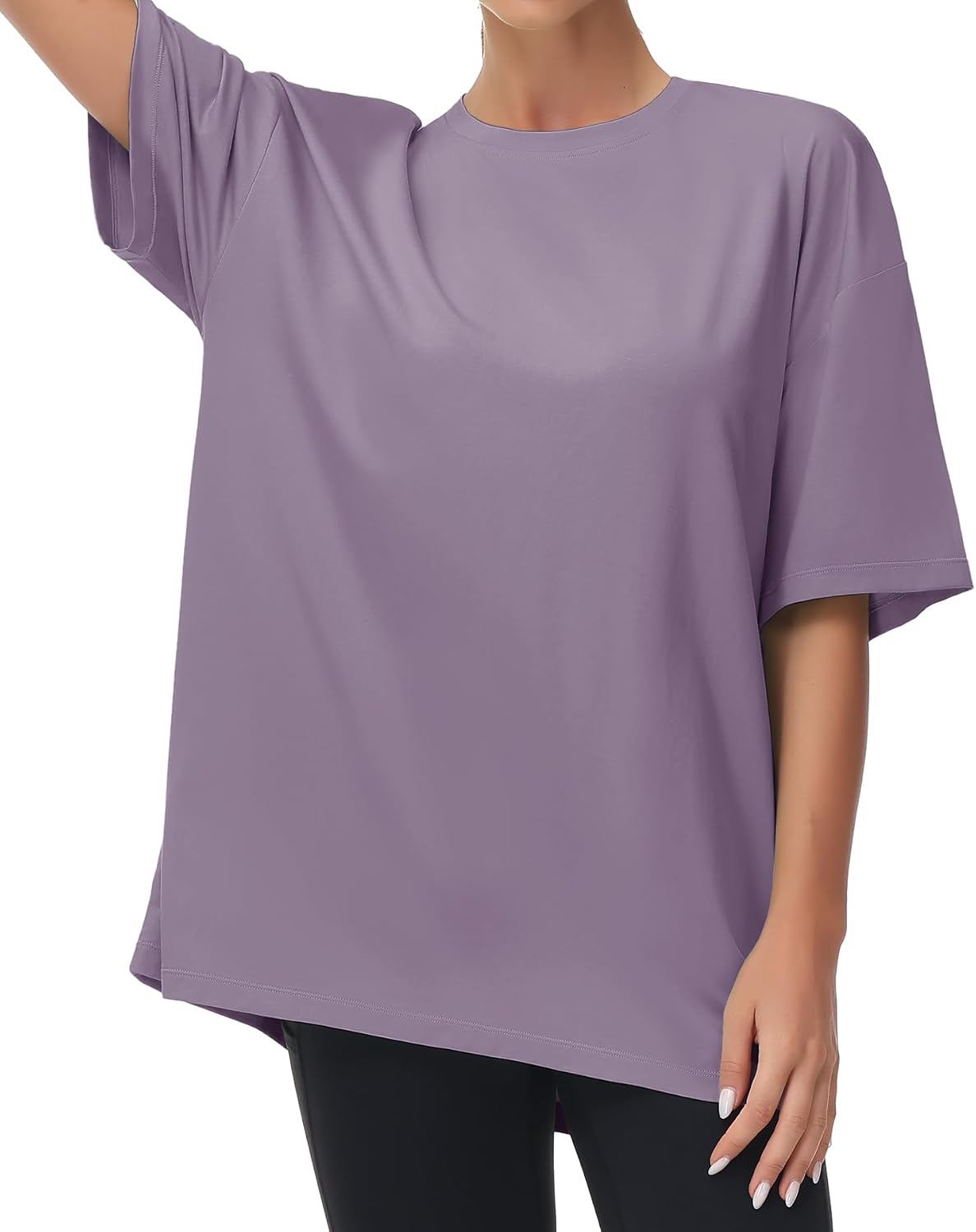 Detalle de THE GYM PEOPLE Damen Oversize T-Shirt mit Rundhalsausschnitt (Kurzarm) – Basic aus Baumwolle/ Viskose/ Elastan