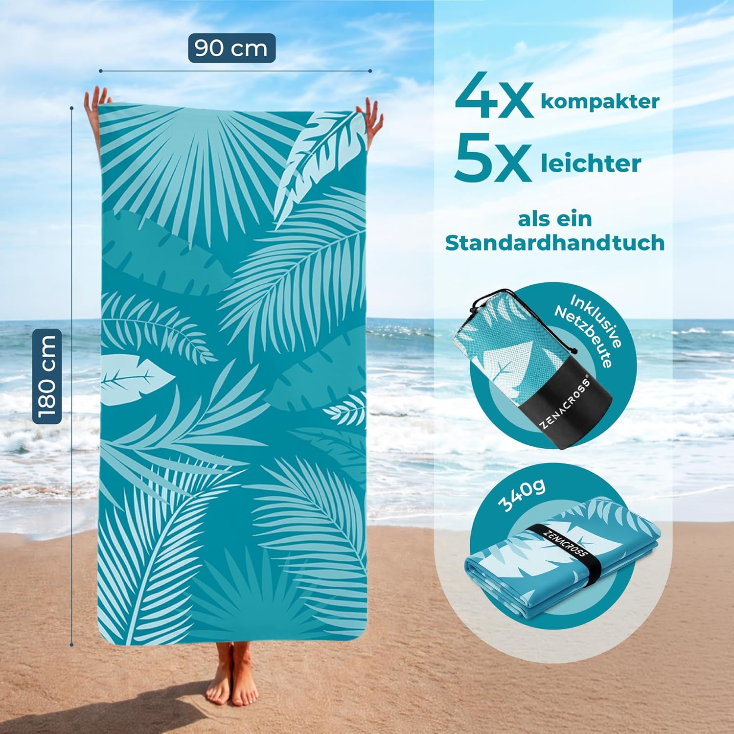 Detalle de ZENACROSS Strandtuch XXL 90x180 cm – Mikrofaser-Handtuch Groß, schnelltrocknend, Sandfrei, Bora