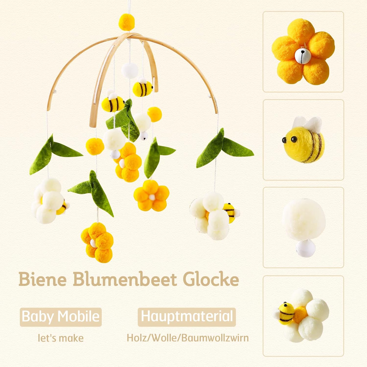 Detalle 2 de let's make Mobile Baby Holz + Wollknäuel: Windspiel & Rassel für den Wickeltisch / Kinderzimmer (Biene)