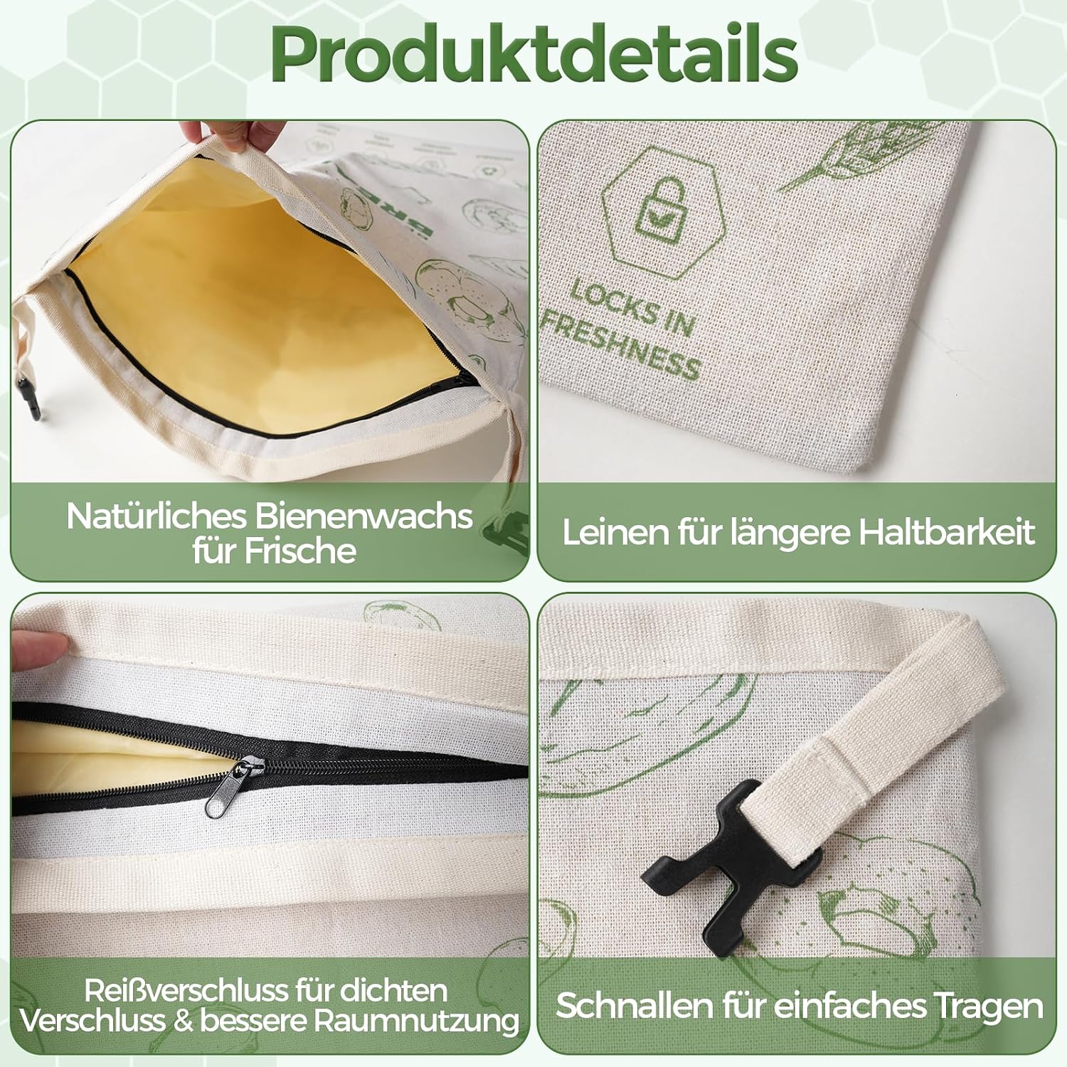 Detalle de YARRAMATE Brotbeutel Leinen mit Bienenwachseinlage – 2er Pack, Große Brotaufbewahrung 43x33 cm