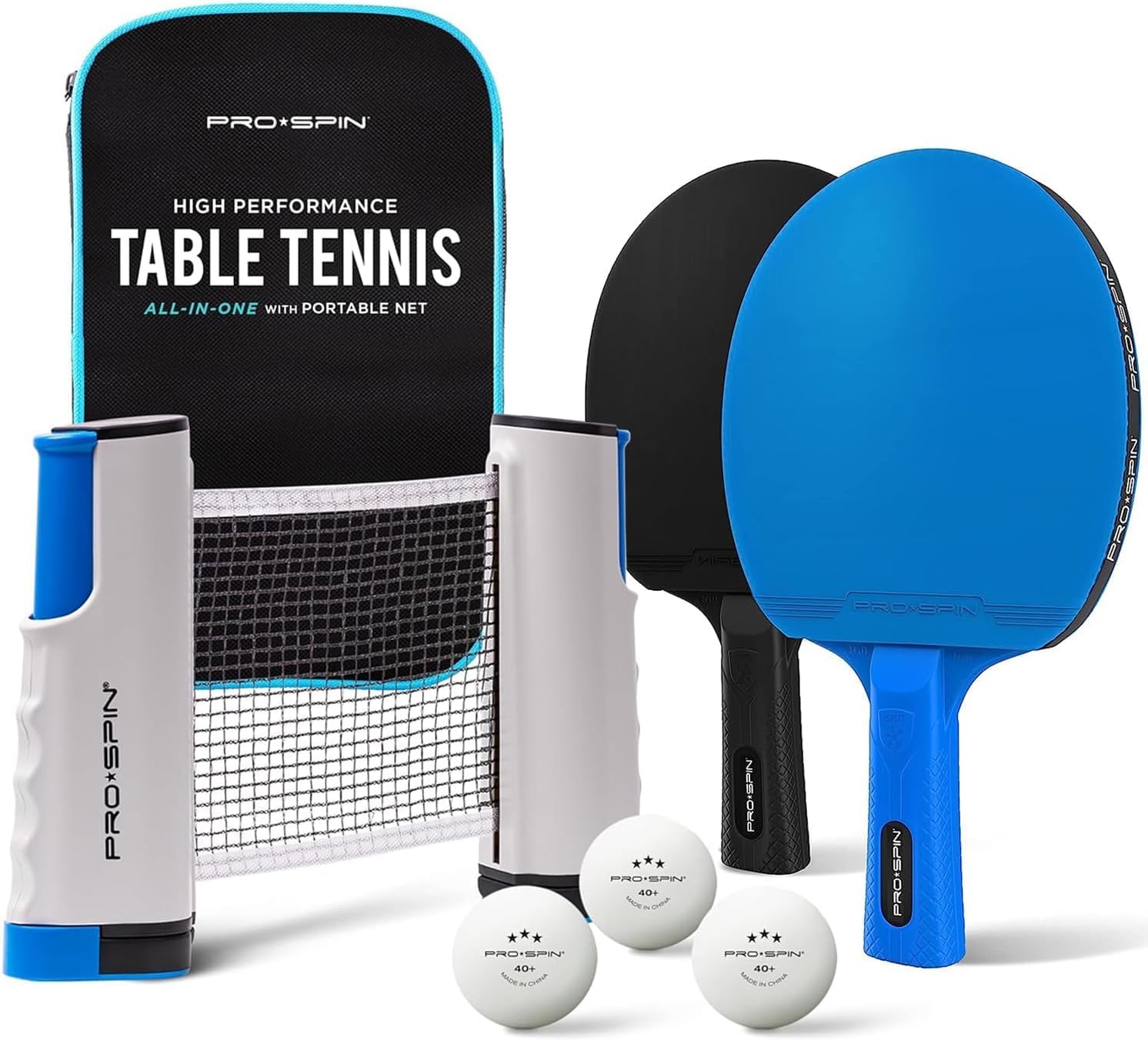 PRO-SPIN Portable Table Tennis Set (Retractable Net, Storage Case, 3-Star Balls)