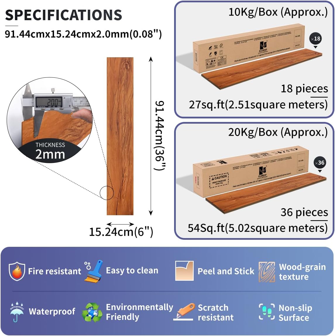 Detalle 2 de FLOREXP Vinyl Flooring – Lino Planks in Warm Brown Wood Effect (Peel & Stick, 15x90cm, 2.0mm) for 5.02m²