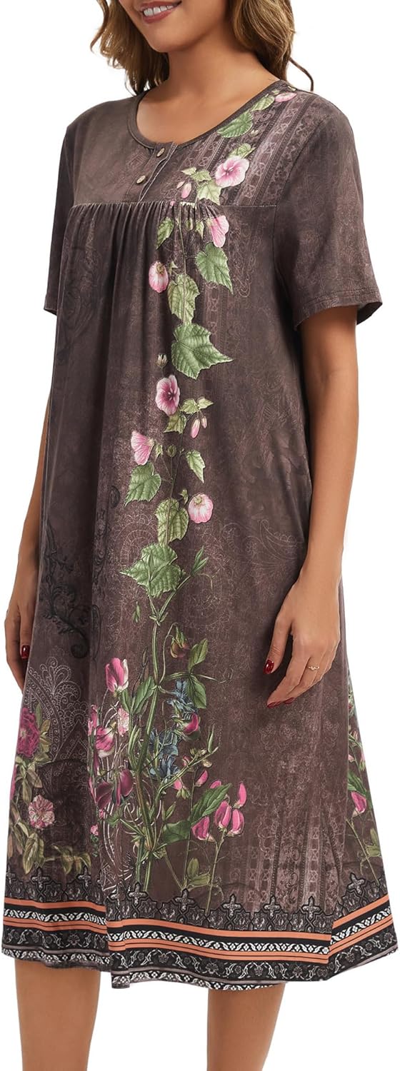 Detalle de Lerliacr Women's Floral Nightgown – Loose Fit Sleep Dress with Pockets