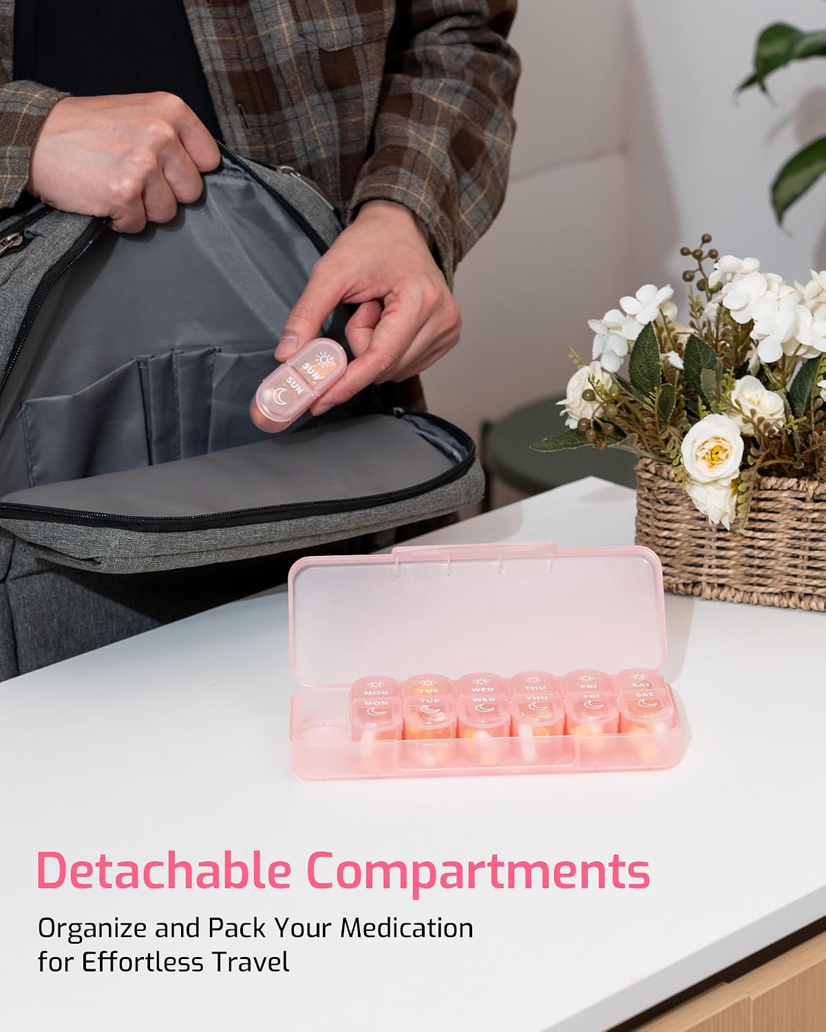 Detalle de Daviky A-2741 Weekly Pill Organizer, Pink AM/PM Travel Box