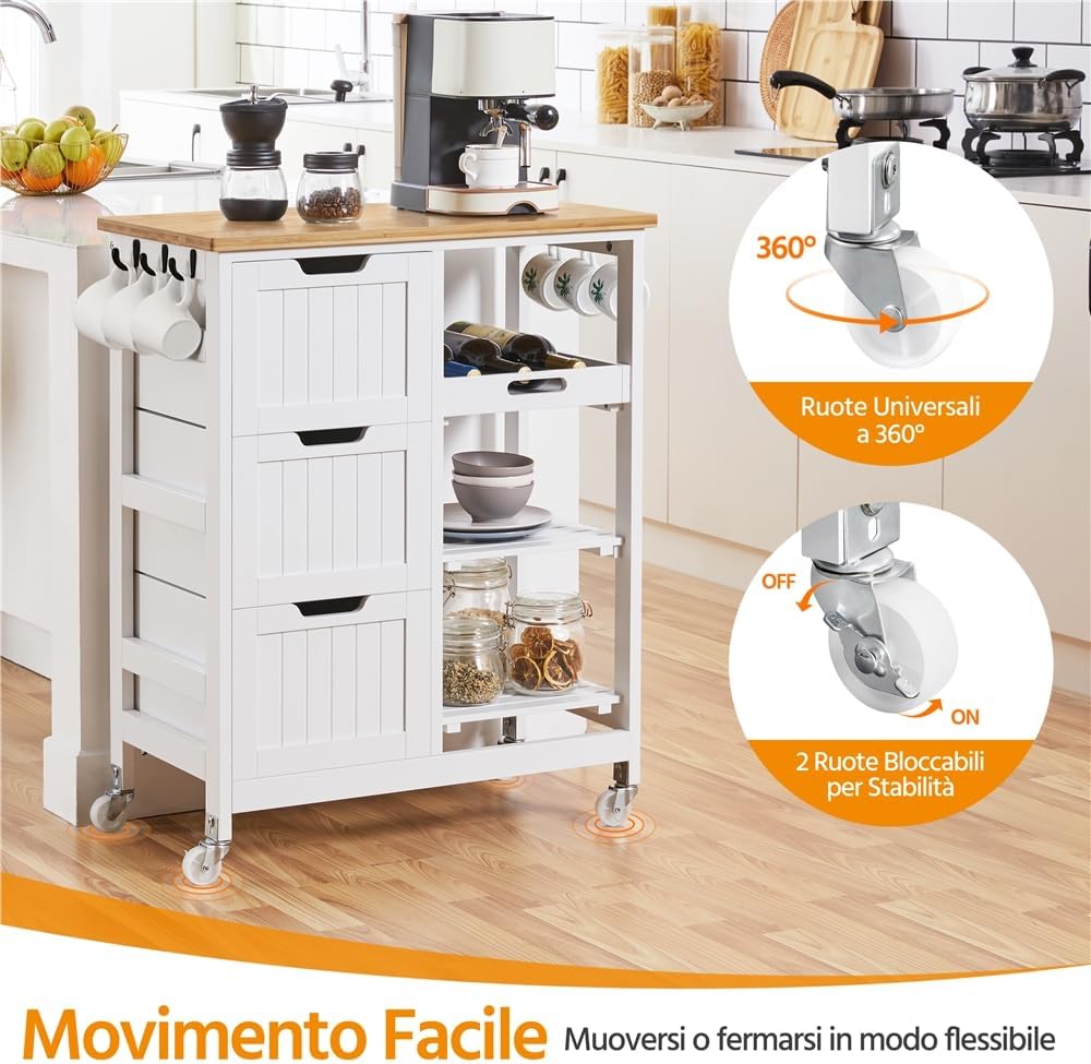 Thumbnail 6 de Yaheetech Carrello Cucina con Ruote 3 Cassetti e 3 Ripiani in Legno — Salvaspazio, Bianco, 67×37×84,5 cm