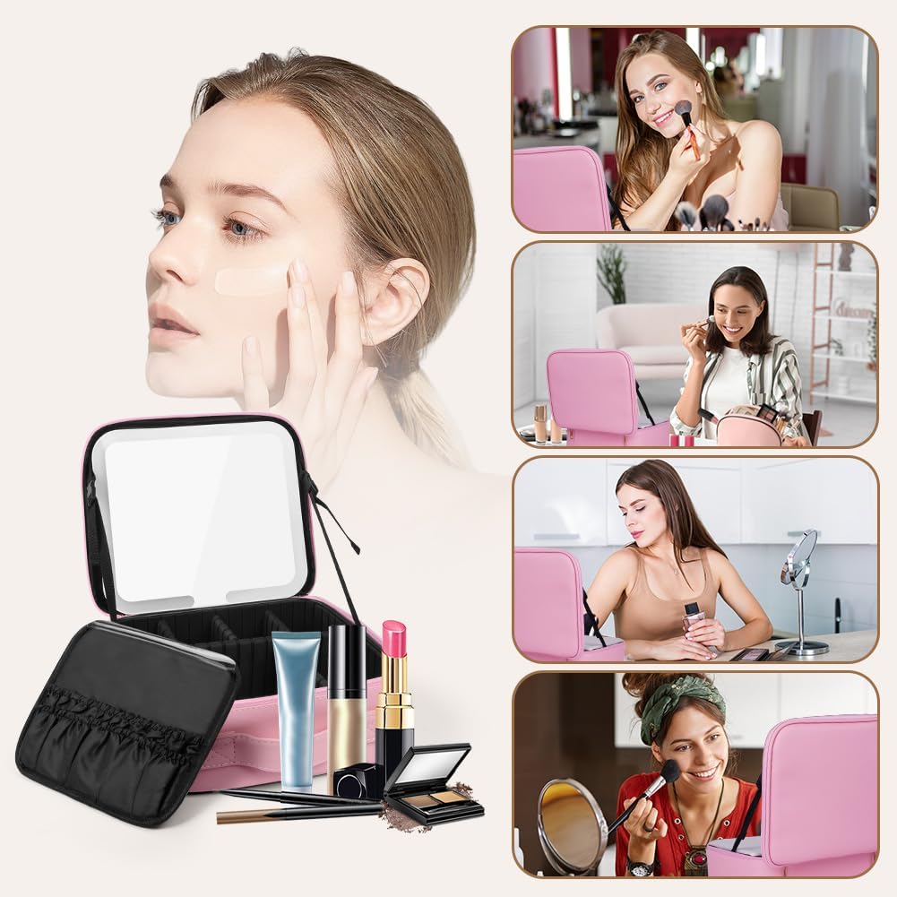 Thumbnail 6 de OSDUE Trousse de Maquillage avec Miroir Lumière – Trousse de Voyage 3 Couleurs LED, Grand Capacité, Rose
