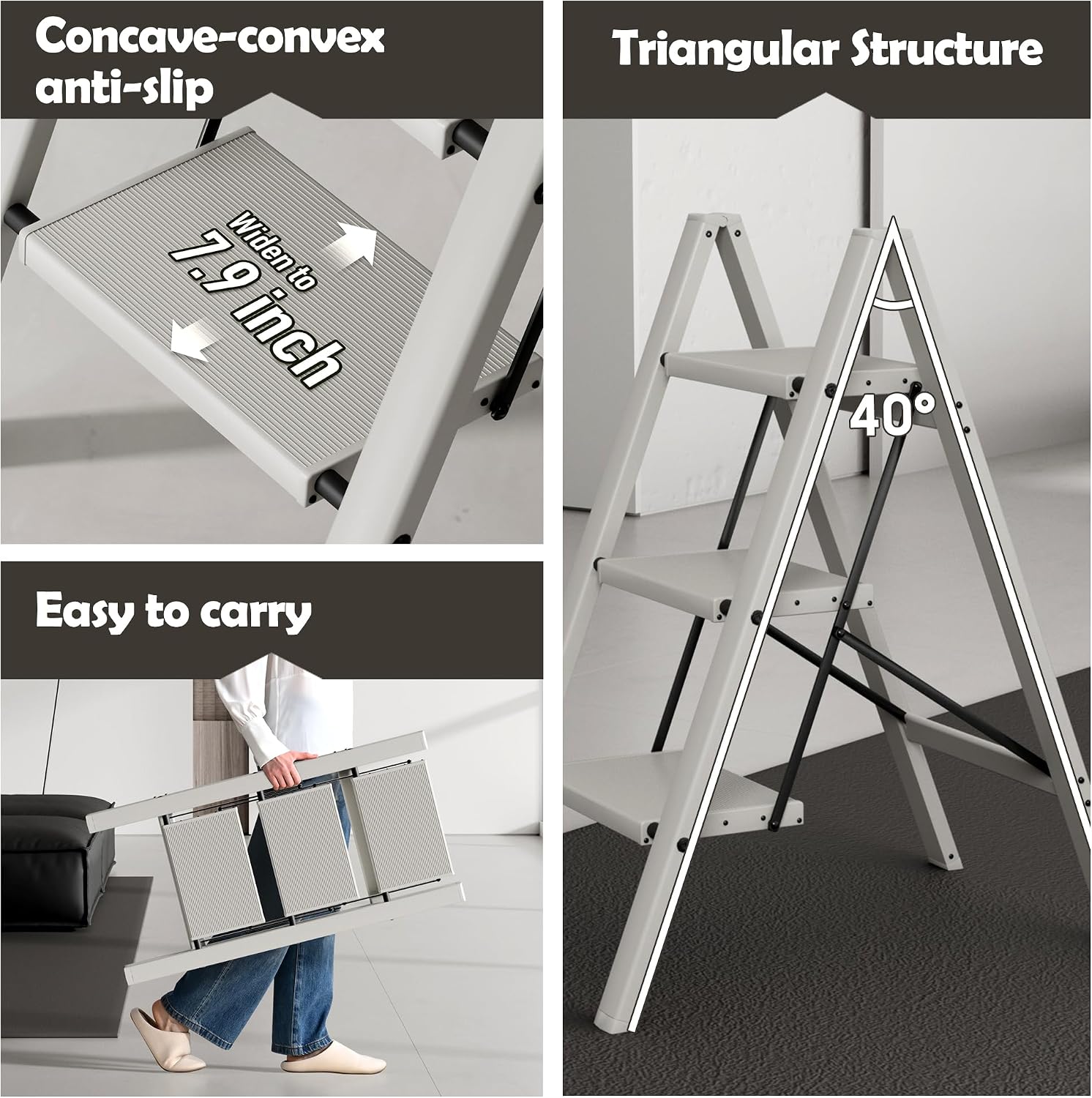 Detalle 2 de taranta L0203 3-Step Aluminum Step Stool, Foldable, Misty Gray, 330 lb Capacity