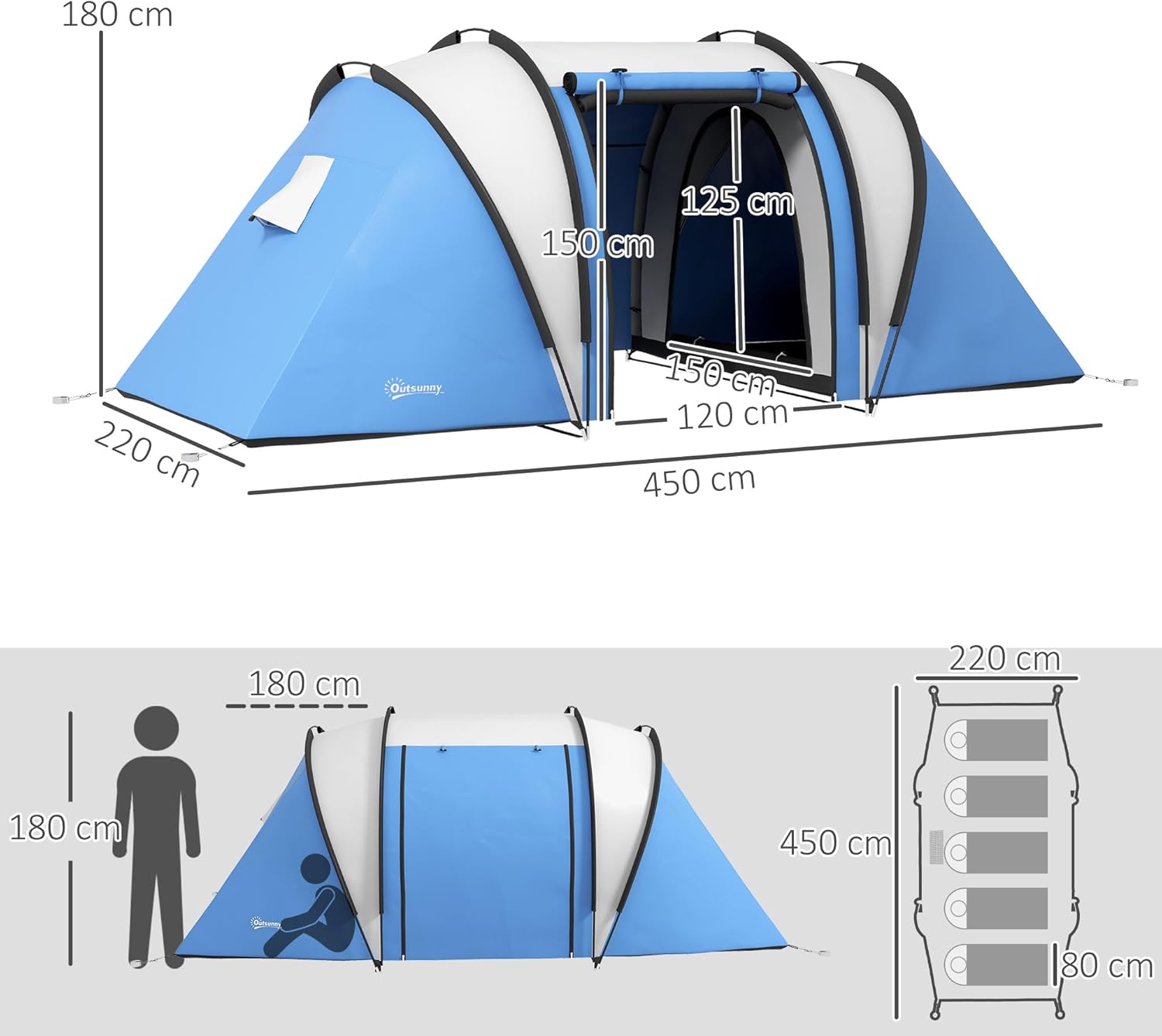 Thumbnail 6 de Outsunny Tente de Camping familiale 4-5 Personnes avec 3 portes et 2 chambres, 3000 mm, montage facile