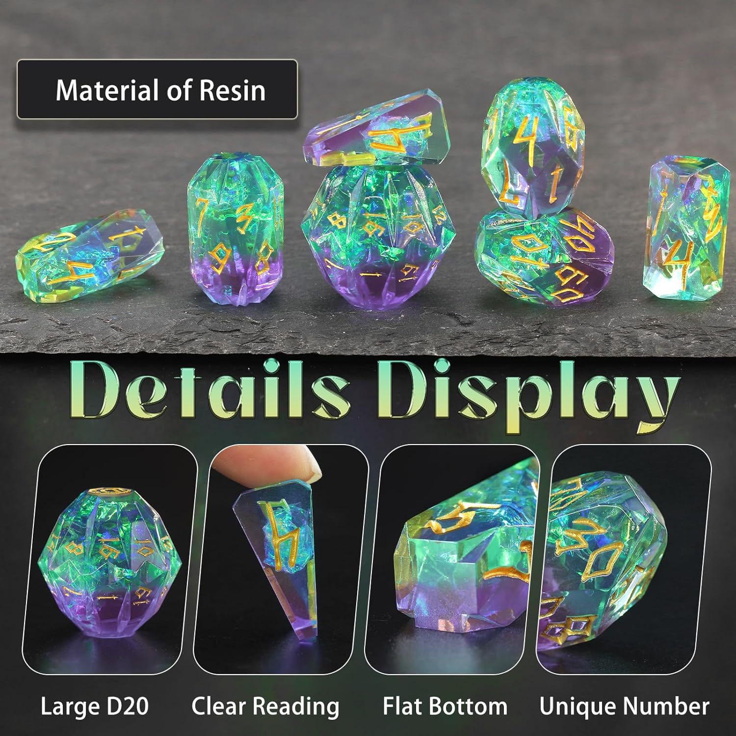 Detalle de FONVGOGO DND Würfel Set Harz – 7‑teiliges Polyedrisches DND Dice Set in Grün und Gold