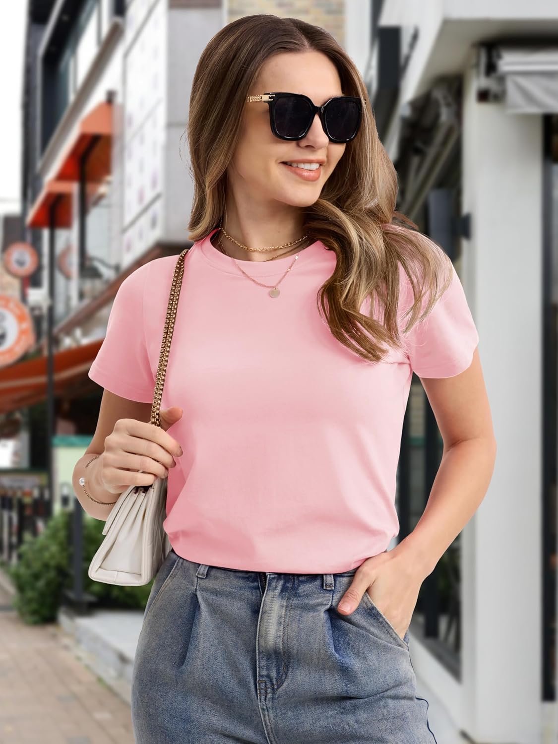 Detalle de MAGCOMSEN Women’s Cotton T-Shirts Crew-Neck Short-Sleeve Classic-Fit