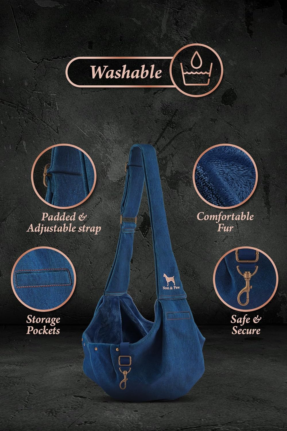 Detalle de NOAH & PAW Dog Sling Carrier for Small Dogs (3-10lb): Denim Travel Sling with Dual Safety, Machine Washable