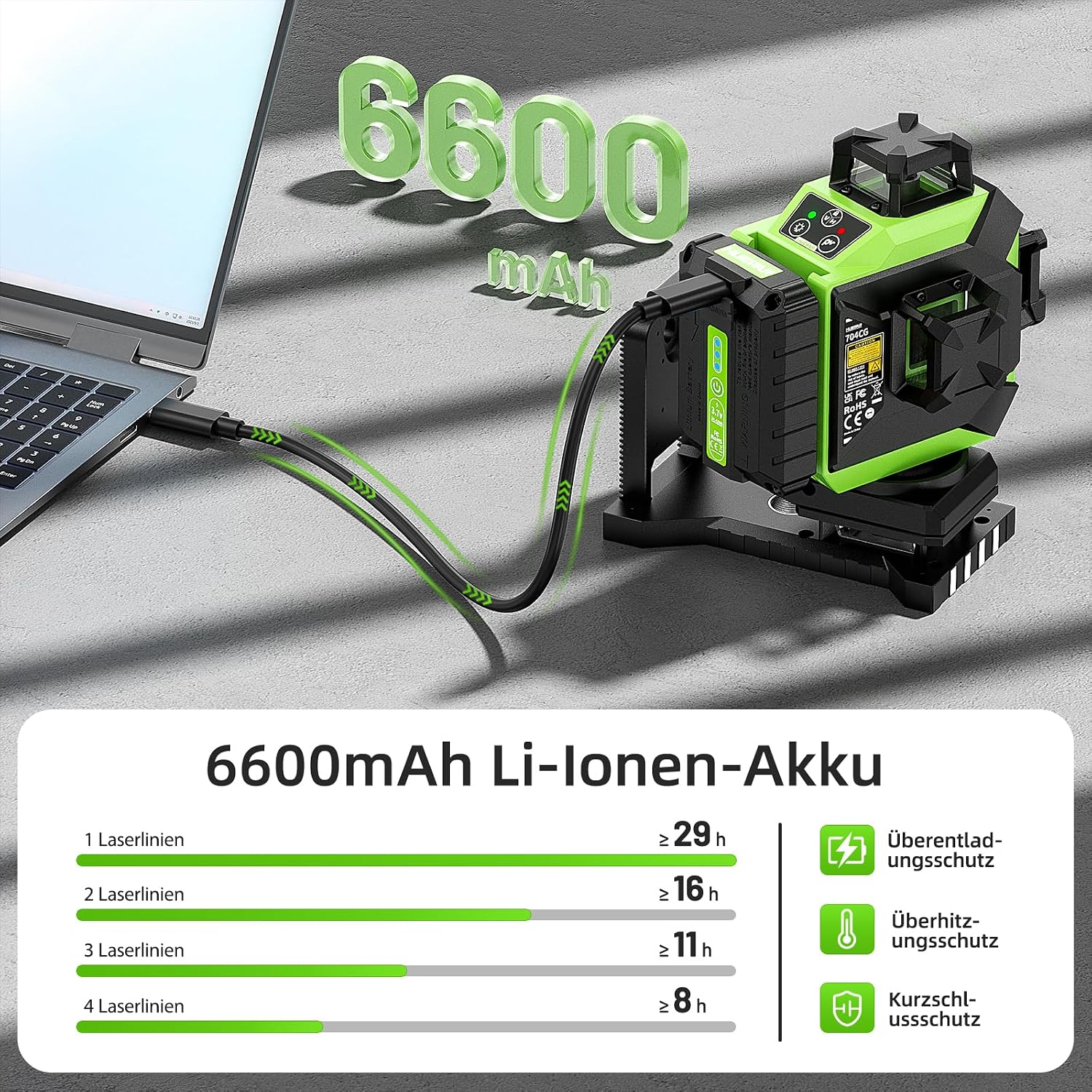 Detalle 2 de Huepar 704CG 4x360 Kreuzlinienlaser (grün) – selbstnivellierend mit 16 Linien und Akku (USB-C)