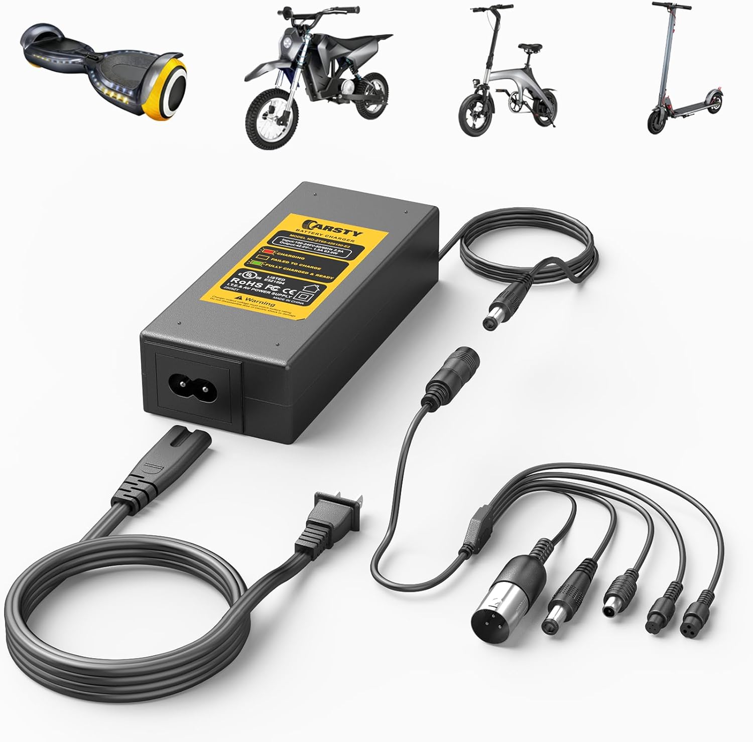 Carsty UL-Certified 42V Hoverboard Charger with 5-in-1 Plugs (2A) for Jetson, Segway & Gotrax