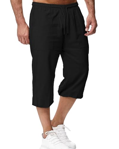 Detalle de LVCBL Short en Lin 3/4 pour Homme – Noir, XXL