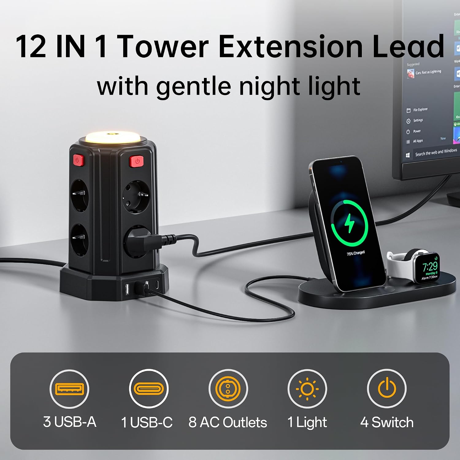 Detalle 2 de Steckdosenleiste mit 4 USB und Licht, 16A